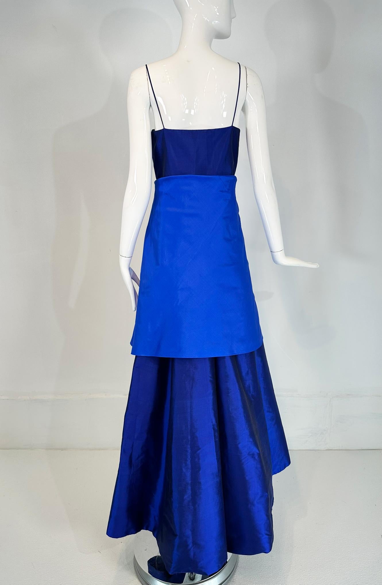 Donna Karan Navy & Lapis Blue Silk Spaghetti Strap Slip Gown with Long Peplum 8 For Sale 3