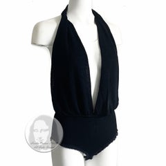 Donna Karan New York Plunge Halter Top Body Suit Sexy Black Mesh Knit 90s Sz L