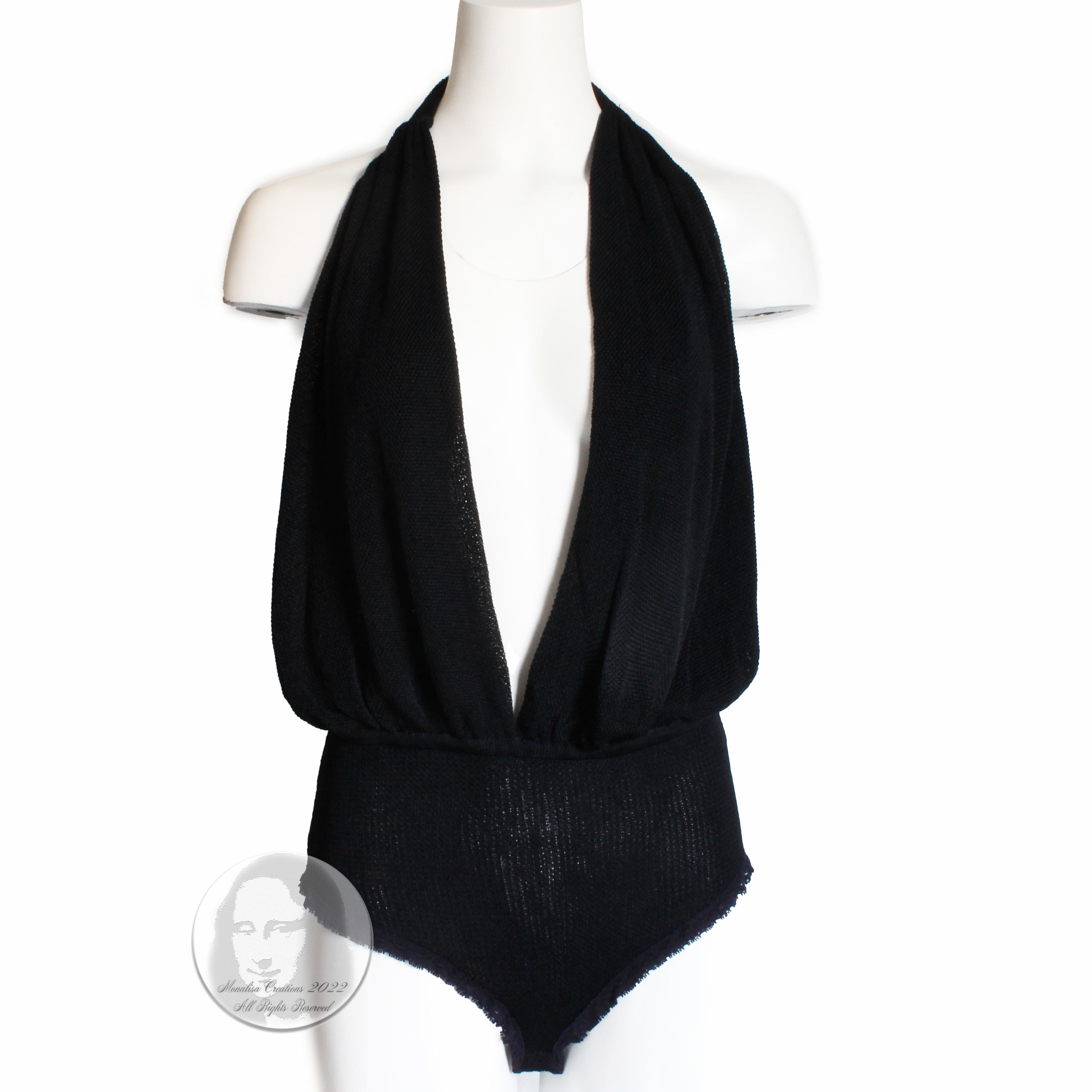 Women's Donna Karan New York Plunge Halter Top Body Suit Sexy Black Mesh Knit 90s Sz L