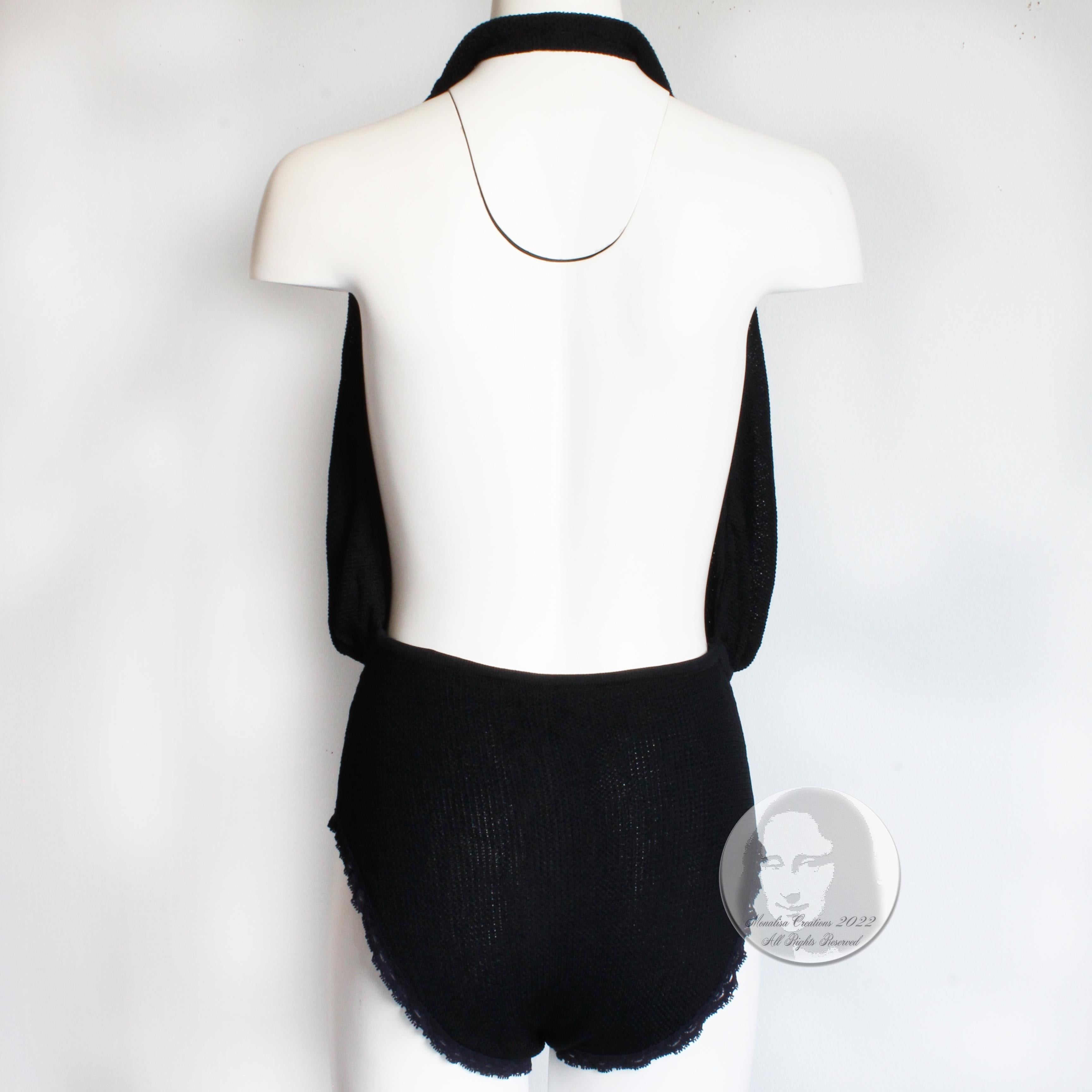 Donna Karan New York Plunge Halter Top Body Suit Sexy Black Mesh Knit 90s Sz L 2