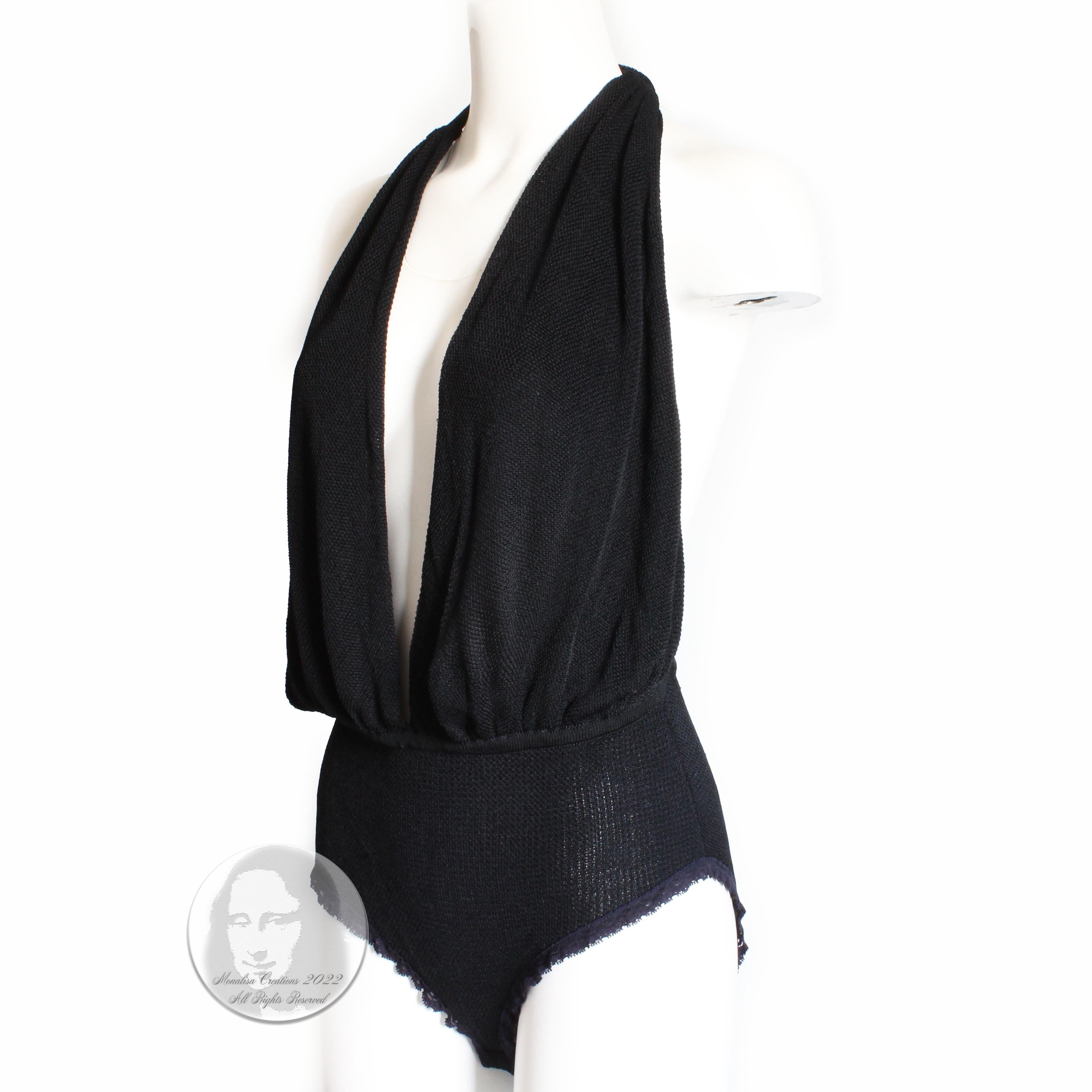 Donna Karan New York Plunge Halter Top Body Suit Sexy Black Mesh Knit 90s Sz L 3