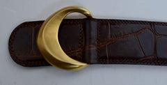 Donna Karan NY Brown Alligator Belt, Size Medium, with Gold Plated Brass Buckles