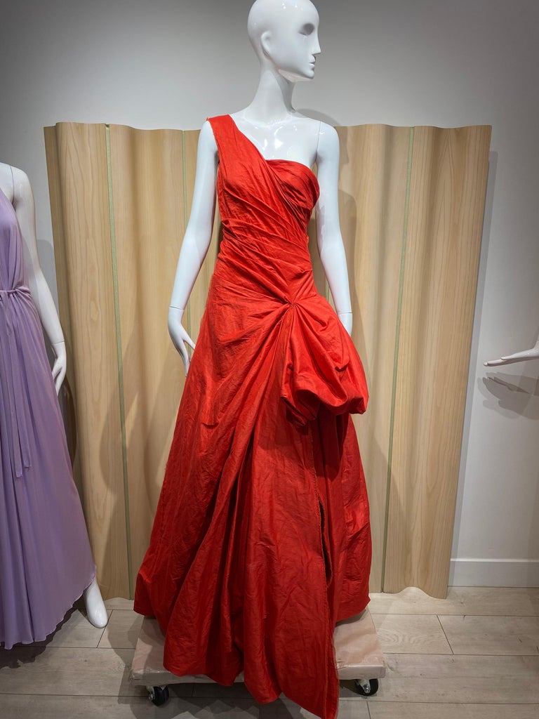 Donna Karan One Shoulder Red Gown With Large Shawl at 1stDibs