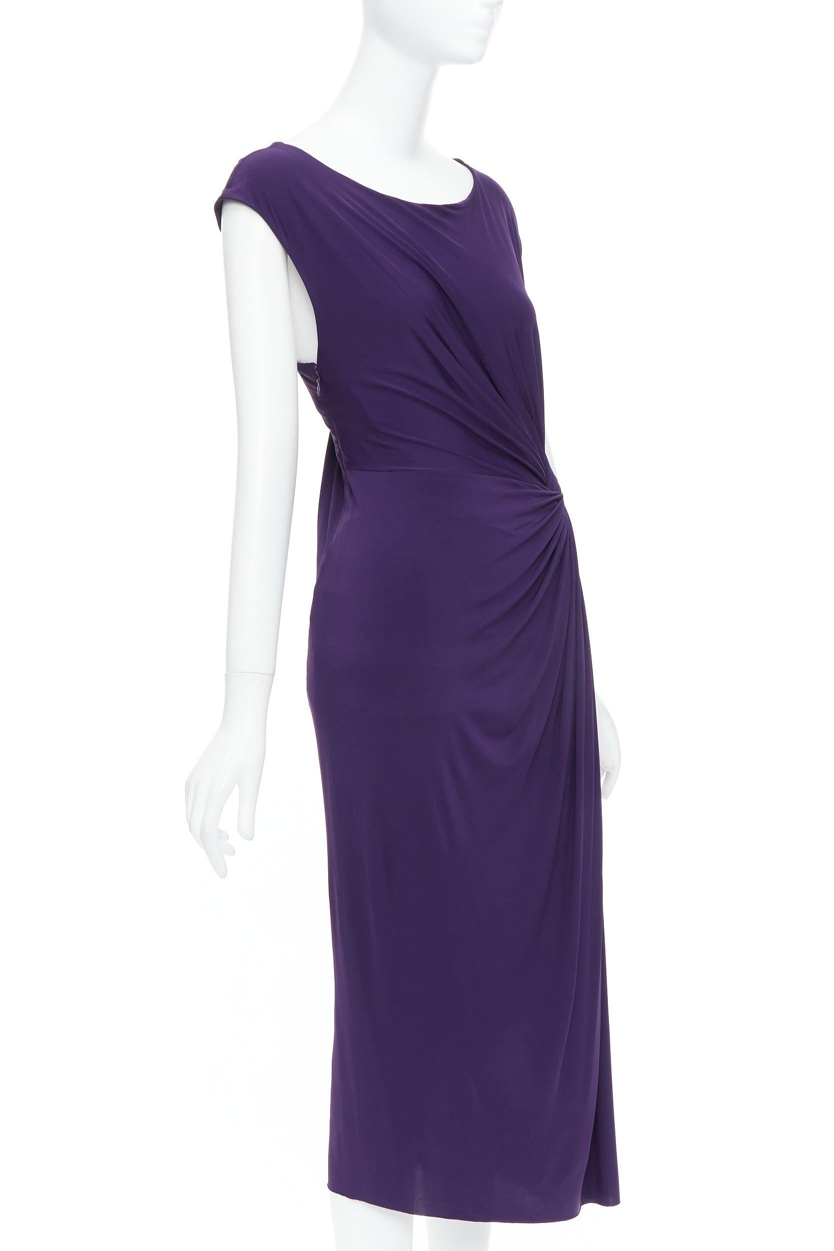 Purple DONNA KARAN purple draped side knot criss cross back grecian dress L For Sale