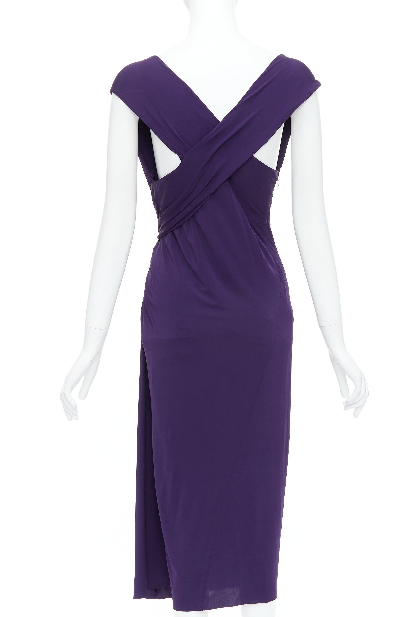 Women's DONNA KARAN purple draped side knot criss cross back grecian dress L For Sale