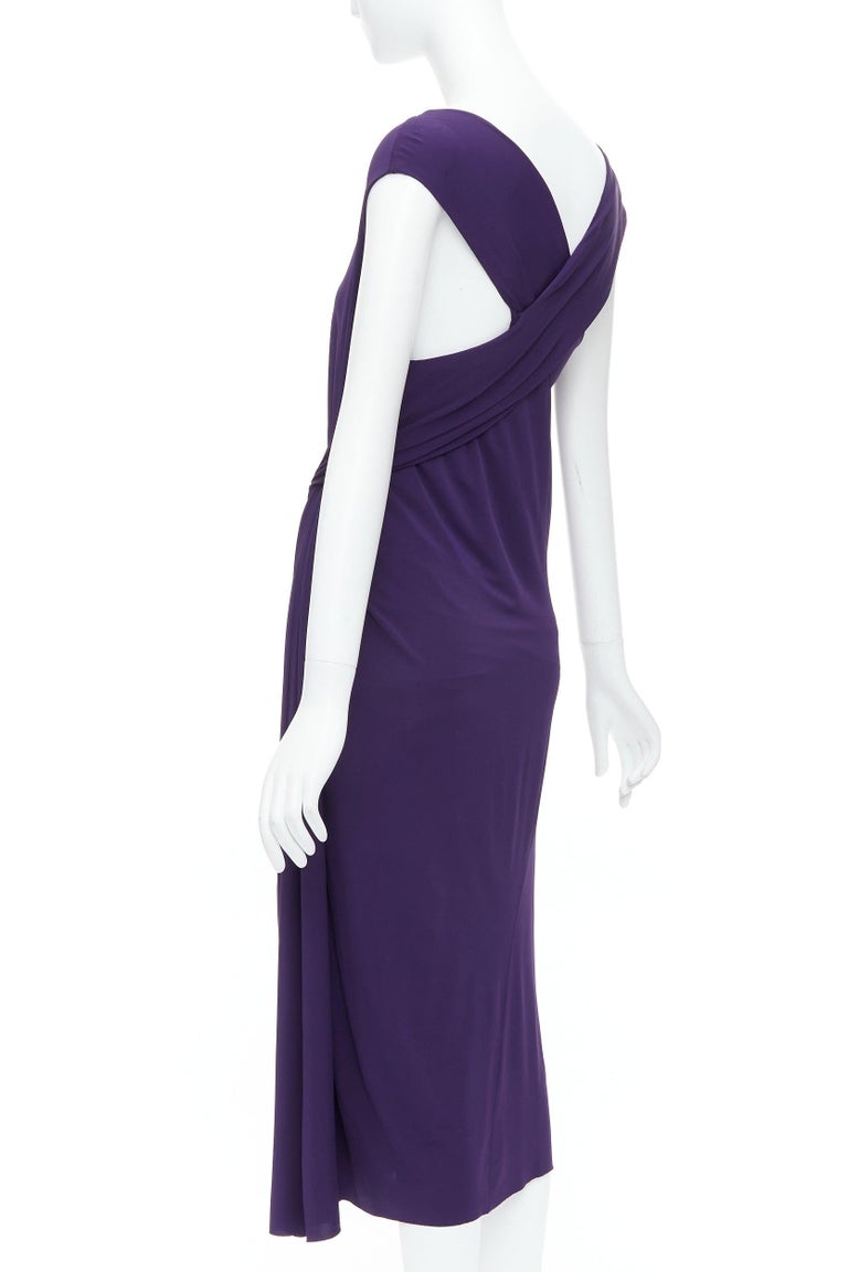 DONNA KARAN purple draped side knot criss cross back grecian dress L For  Sale at 1stDibs