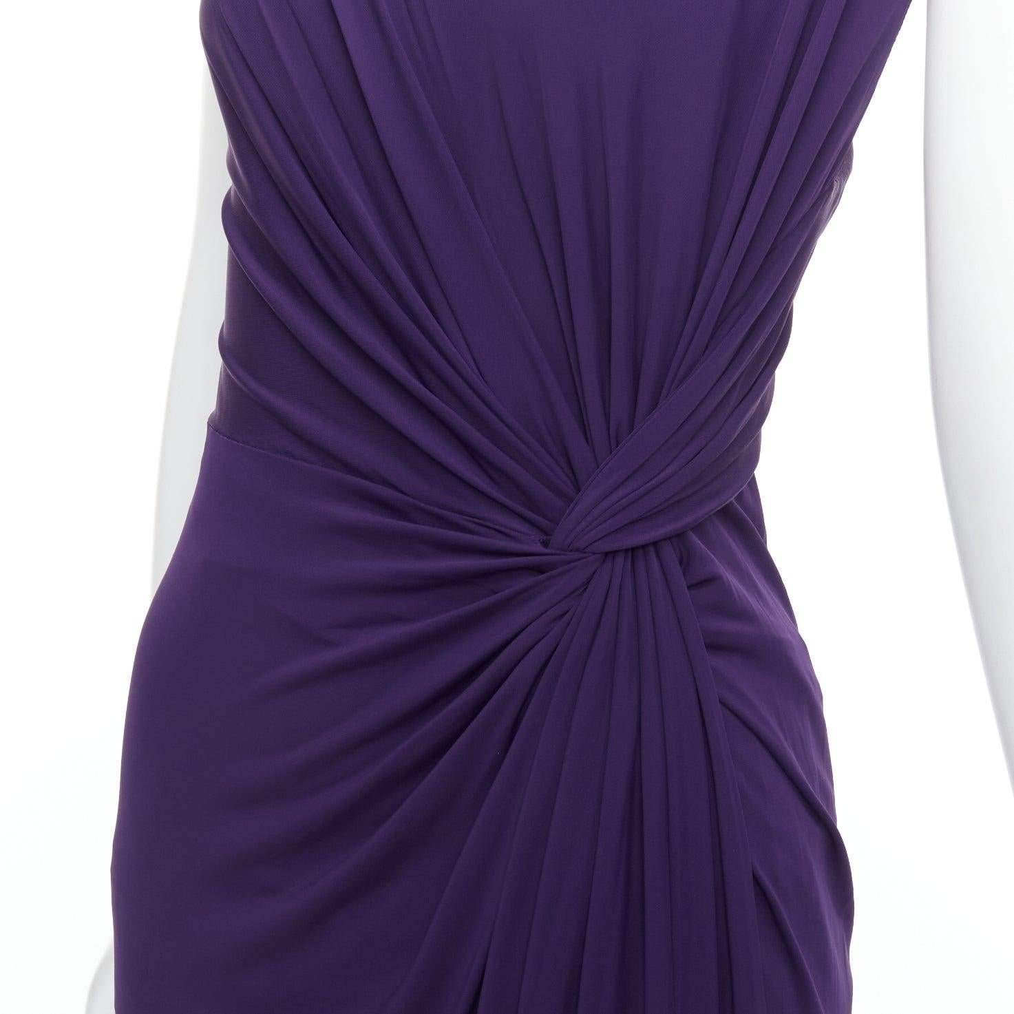 DONNA KARAN purple draped side knot criss cross back grecian dress L For Sale 2