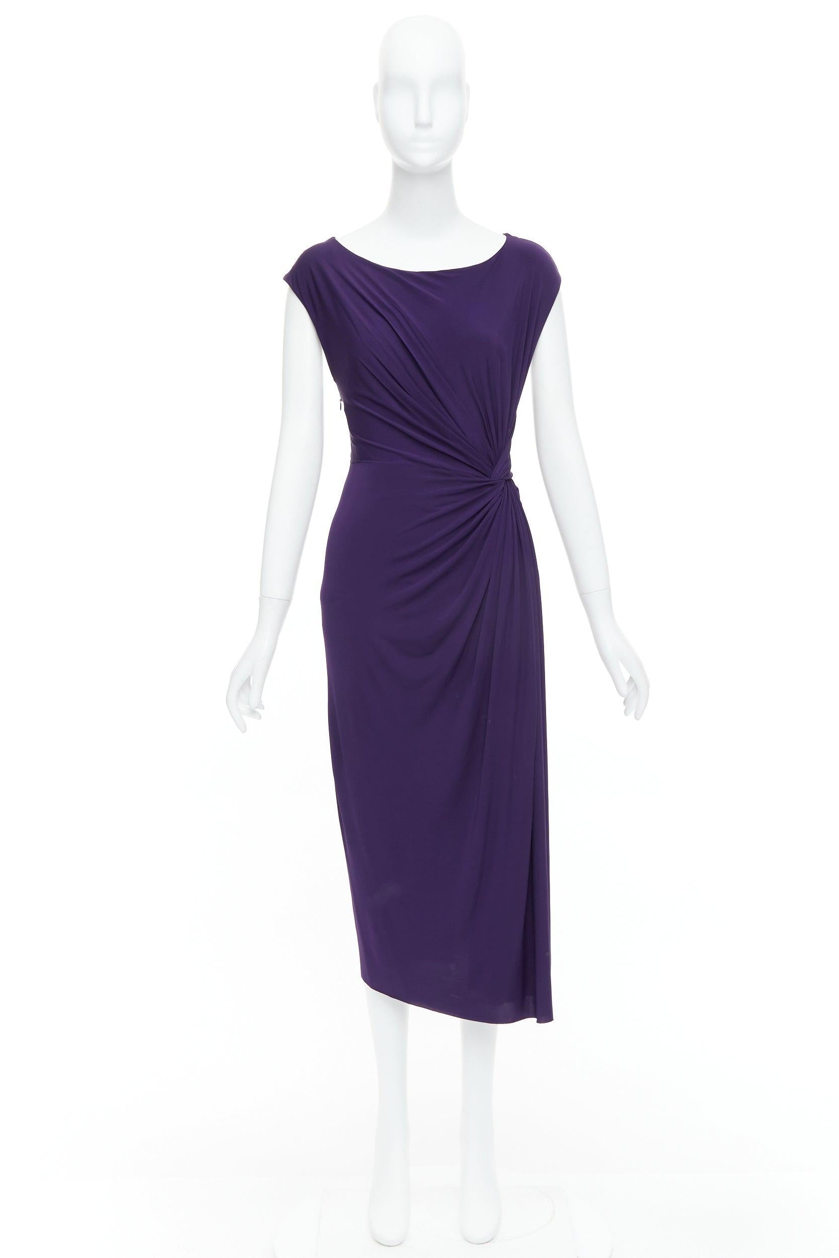DONNA KARAN purple draped side knot criss cross back grecian dress L For Sale 4