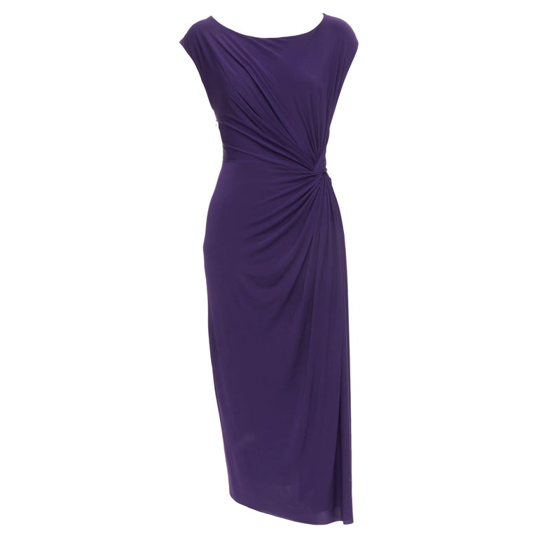 DONNA KARAN purple draped side knot criss cross back grecian dress L For  Sale at 1stDibs