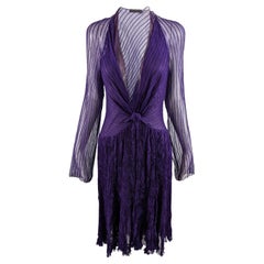 Donna Karan Purple Sheer Silk Chiffon Sexy Plunge Dress with Silk Under Slip