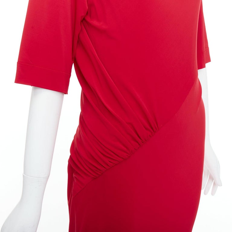 DONNA KARAN red asymmetric neck tuck draped midi dress L For Sale at 1stDibs