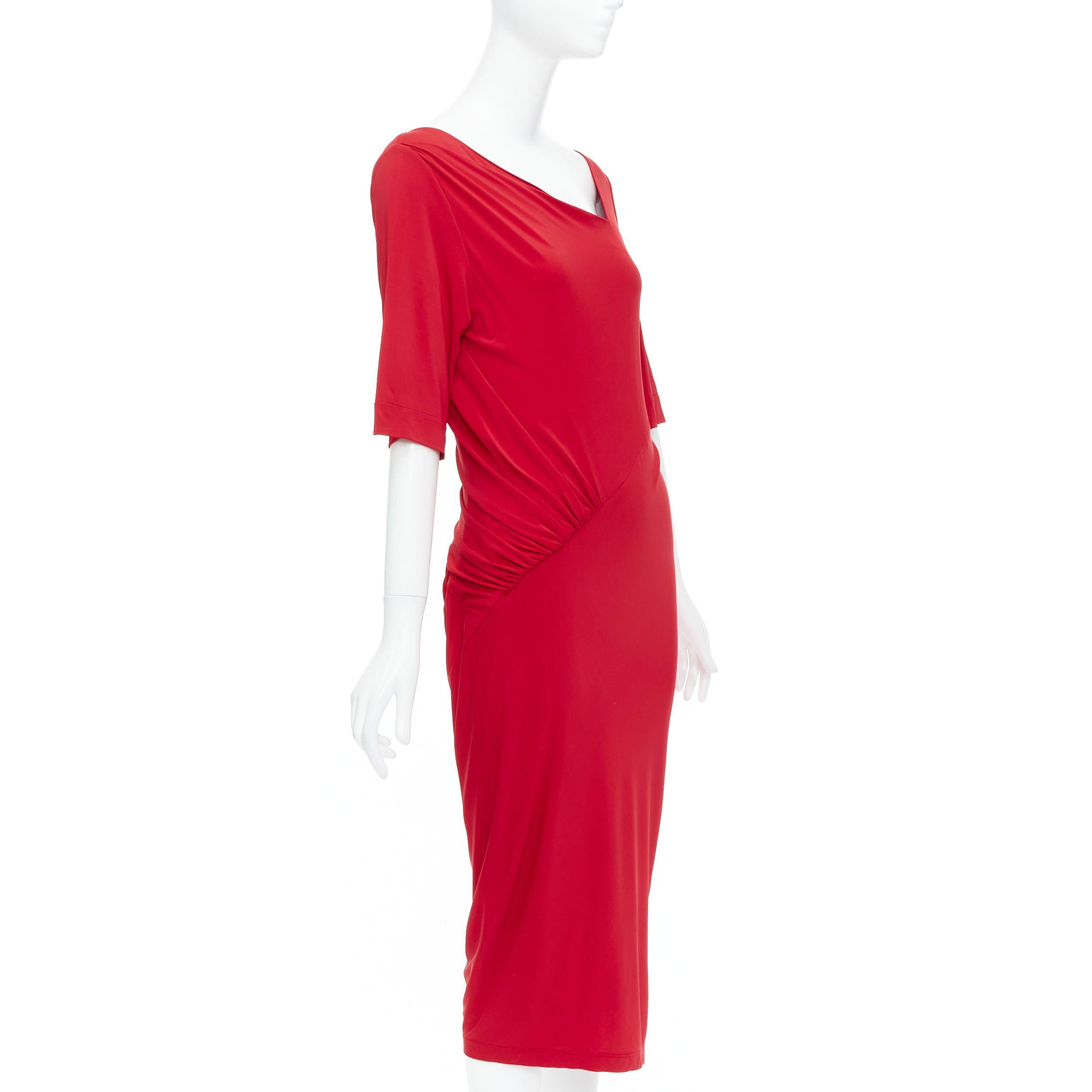Red DONNA KARAN red asymmetric neck tuck draped midi dress L For Sale