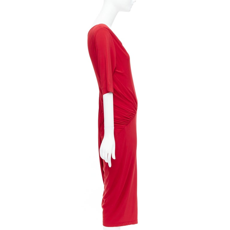 DONNA KARAN red asymmetric neck tuck draped midi dress L For Sale at 1stDibs