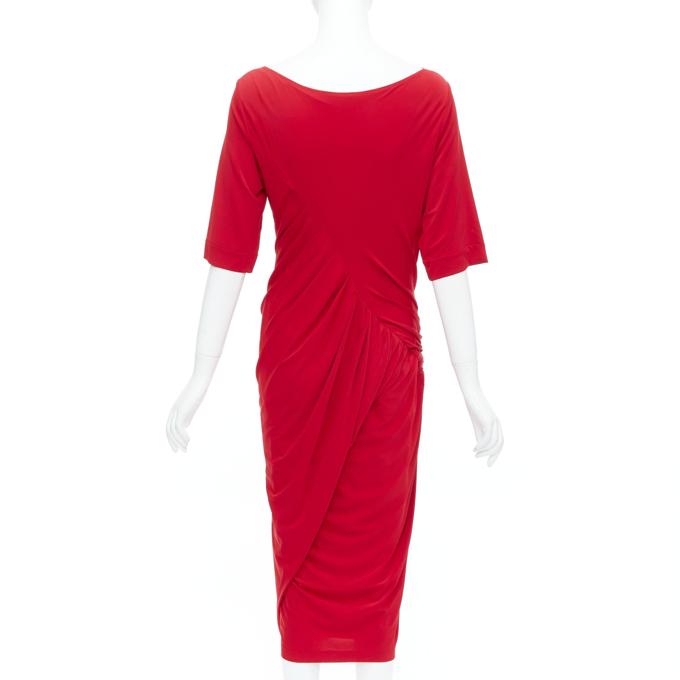 Women's DONNA KARAN red asymmetric neck tuck draped midi dress L For Sale
