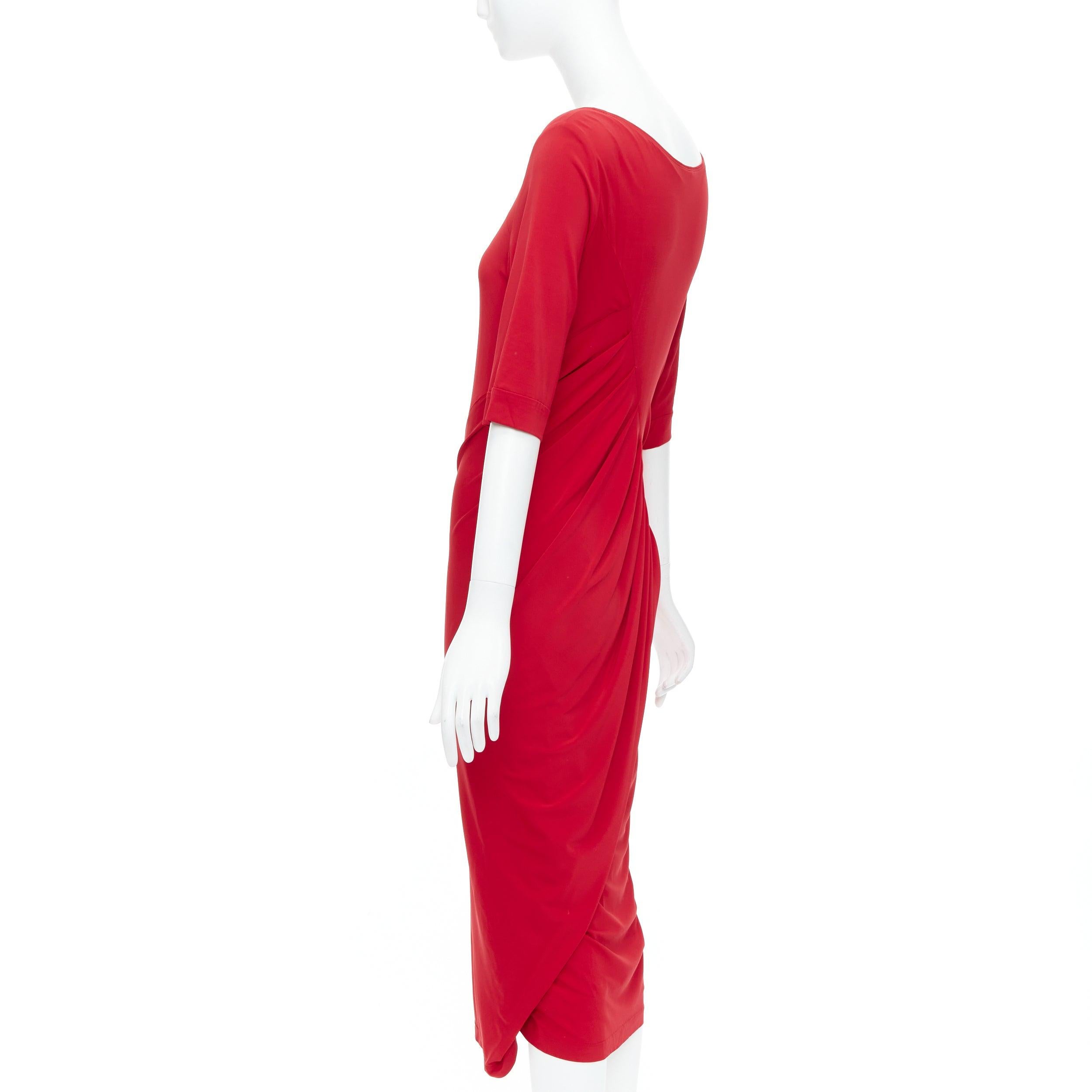 DONNA KARAN red asymmetric neck tuck draped midi dress L For Sale 1