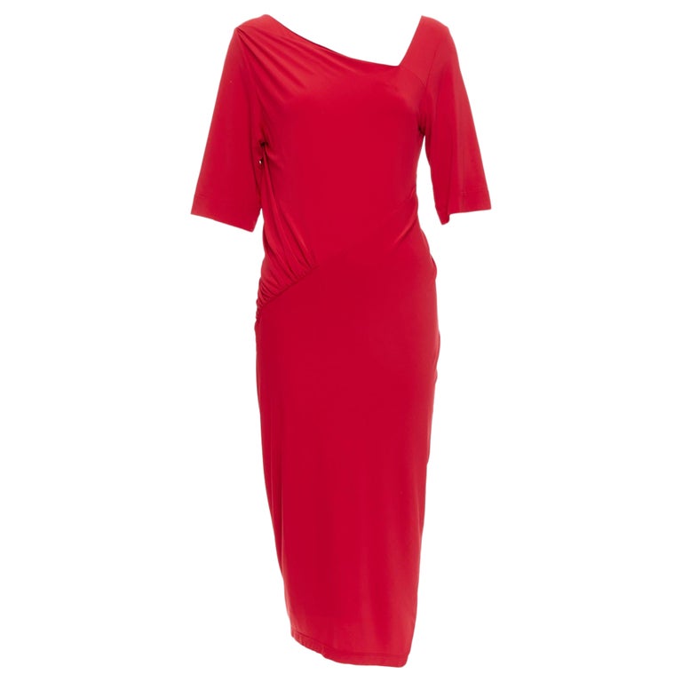 DONNA KARAN red asymmetric neck tuck draped midi dress L For Sale at 1stDibs