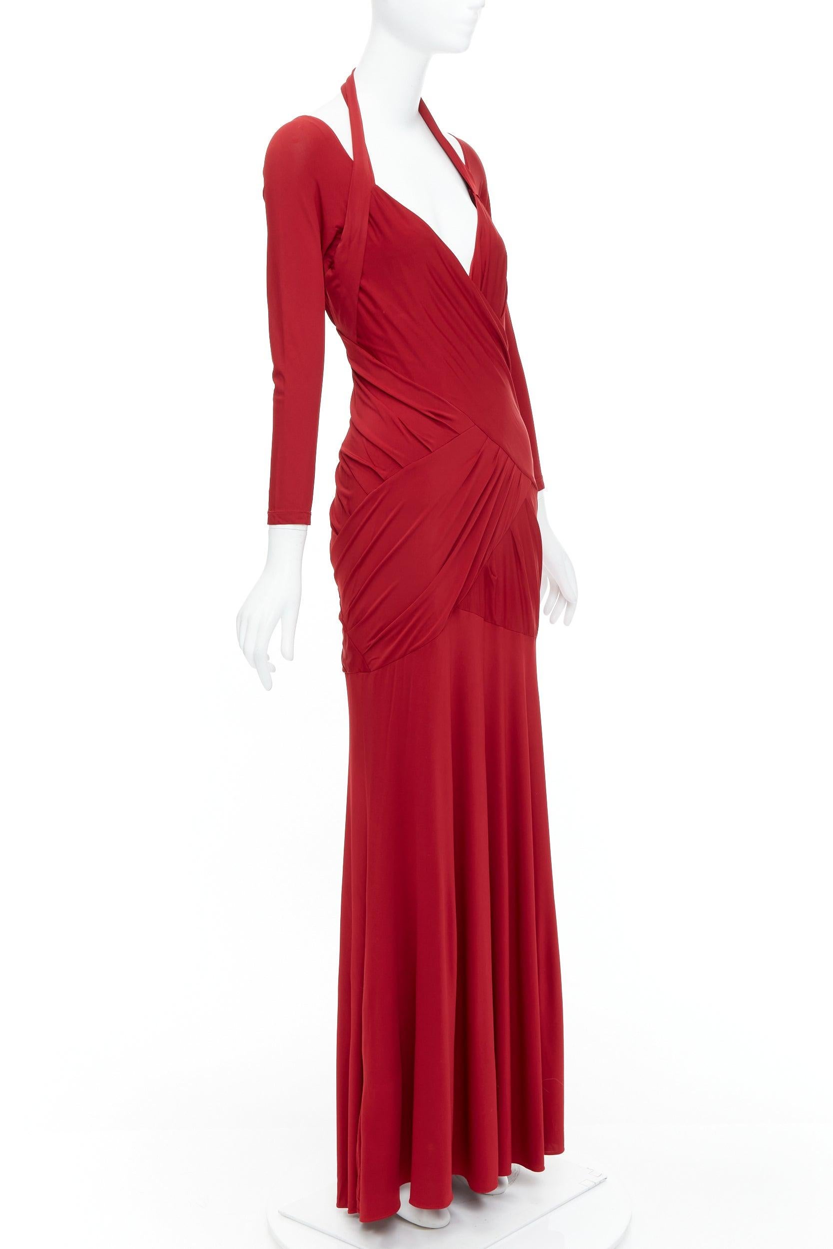 Red DONNA KARAN red halter plunge tucked draped evening gown dress L For Sale