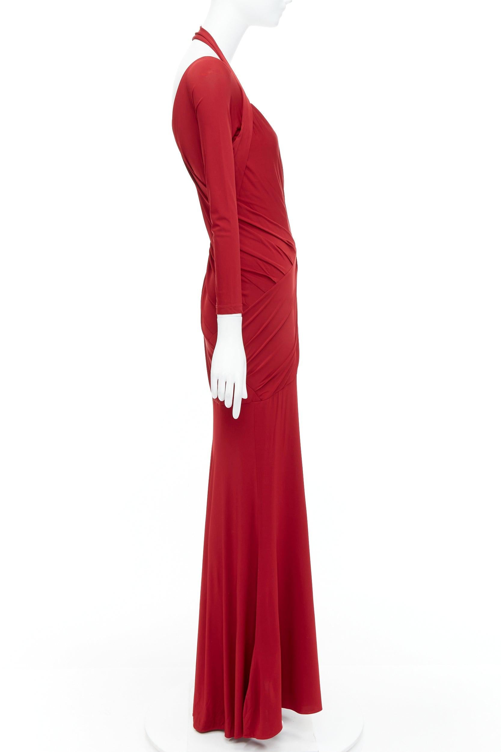 DONNA KARAN red halter plunge tucked draped evening gown dress L In Excellent Condition In Hong Kong, NT