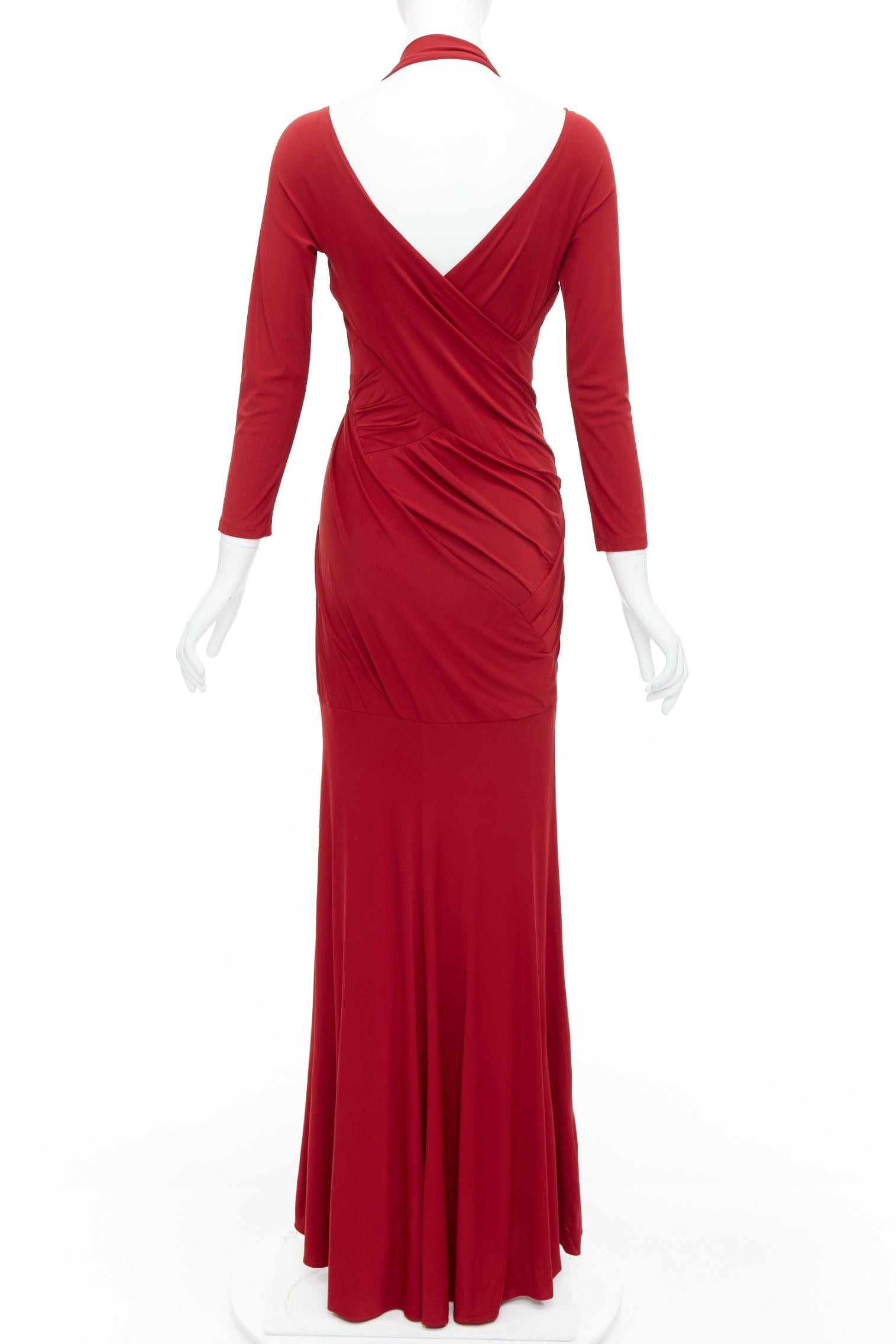 Women's DONNA KARAN red halter plunge tucked draped evening gown dress L For Sale