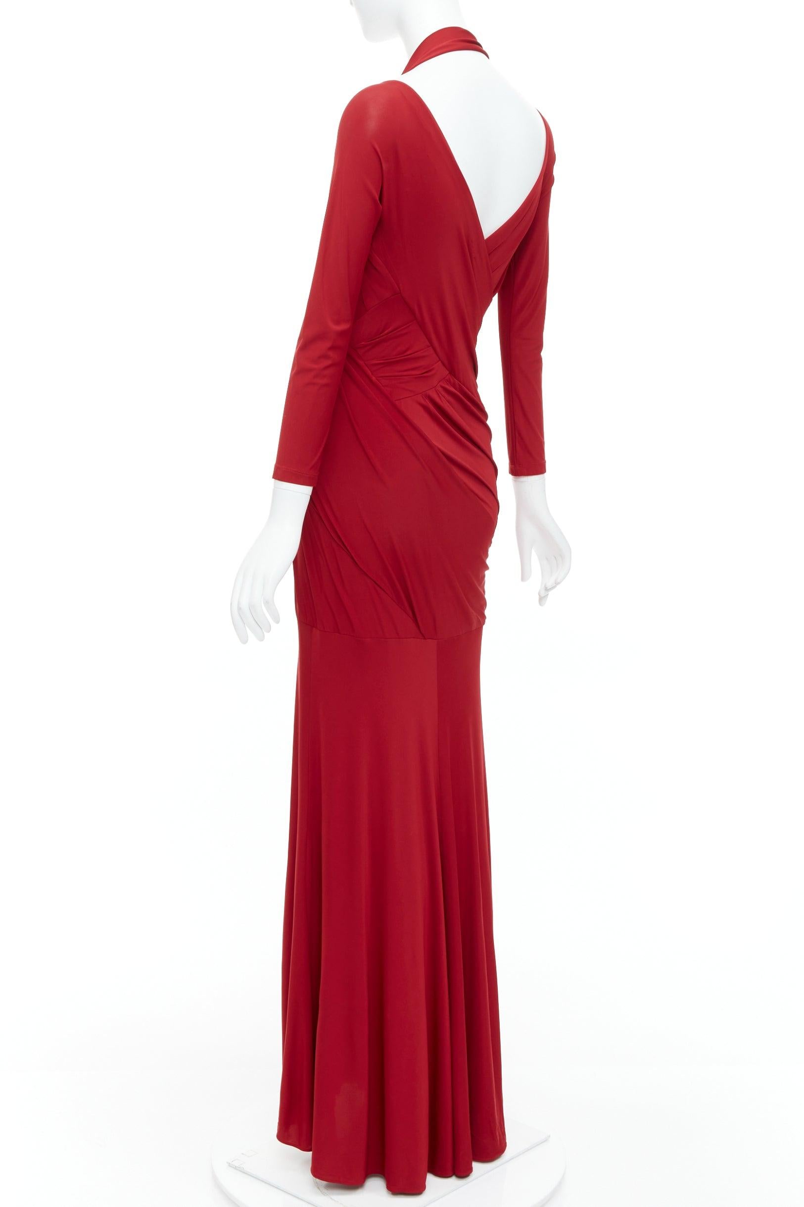 DONNA KARAN red halter plunge tucked draped evening gown dress L For Sale 1