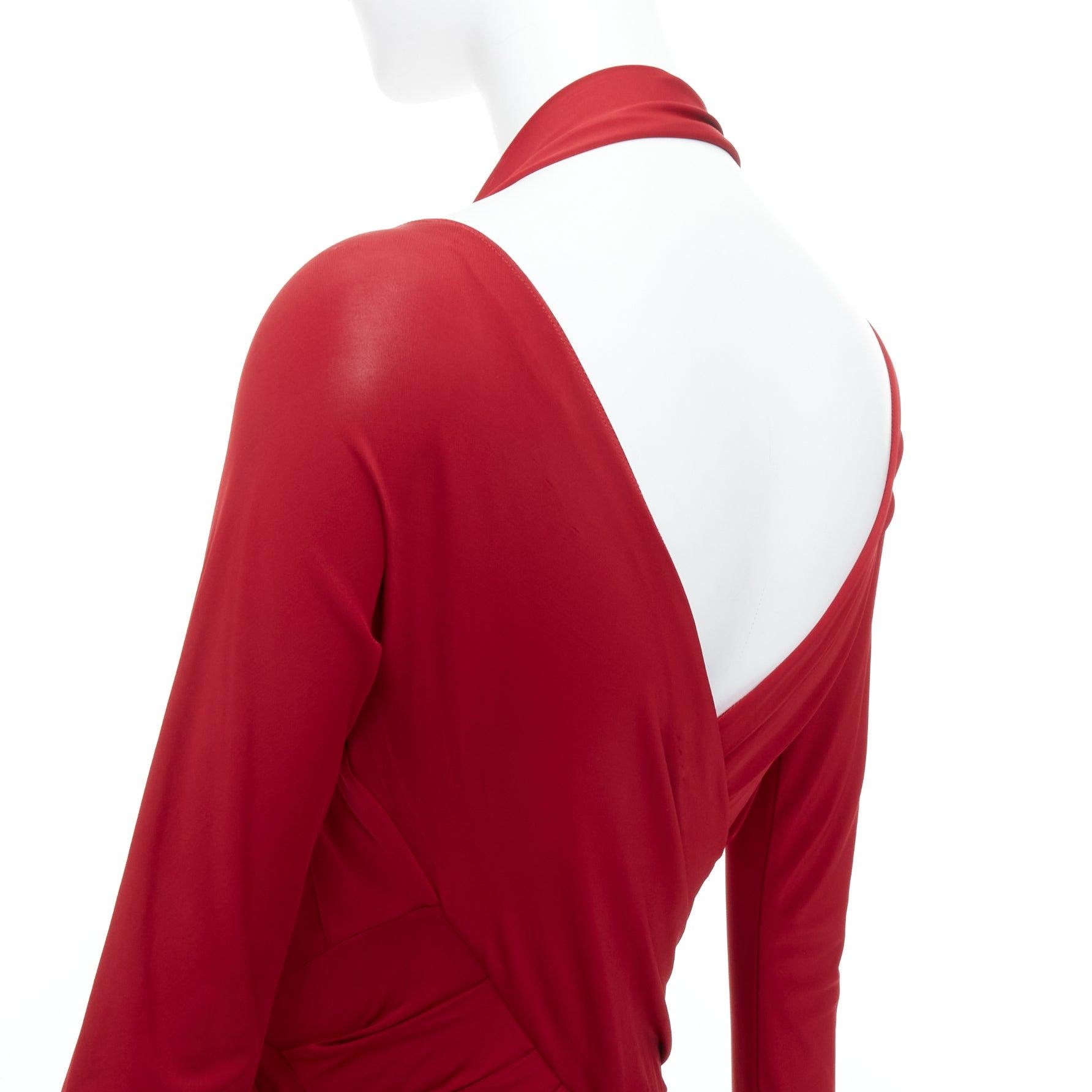 DONNA KARAN red halter plunge tucked draped evening gown dress L For Sale 2