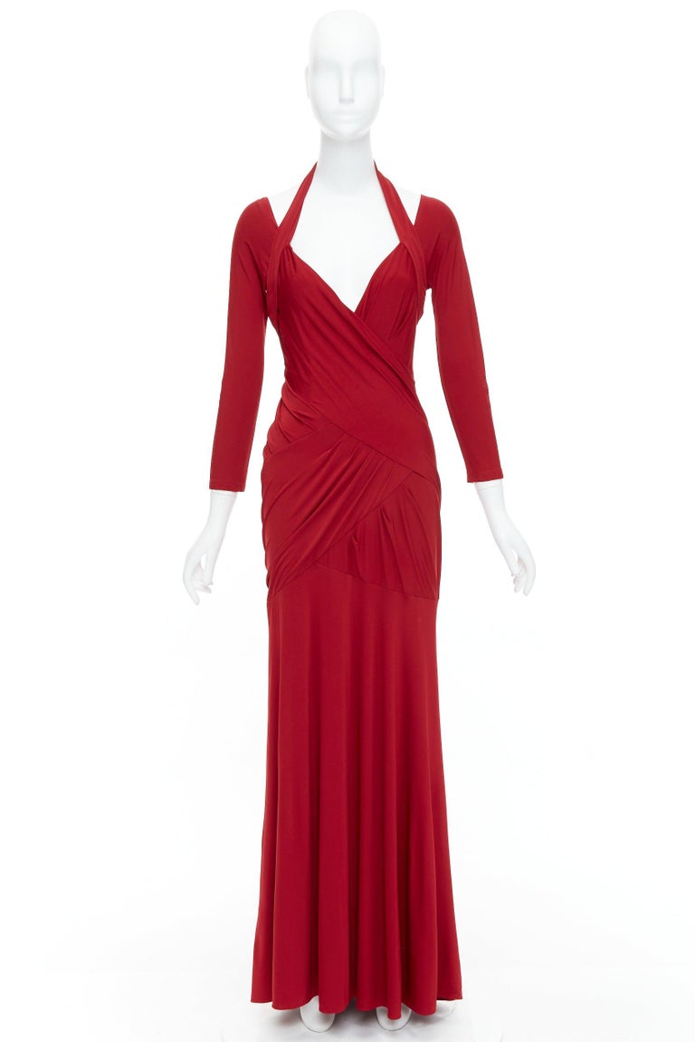 DONNA KARAN red halter plunge tucked draped evening gown dress L For Sale  at 1stDibs