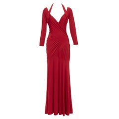 DONNA KARAN red halter plunge tucked draped evening gown dress L DONNA KARAN red halter plunge tucked draped evening gown dress L