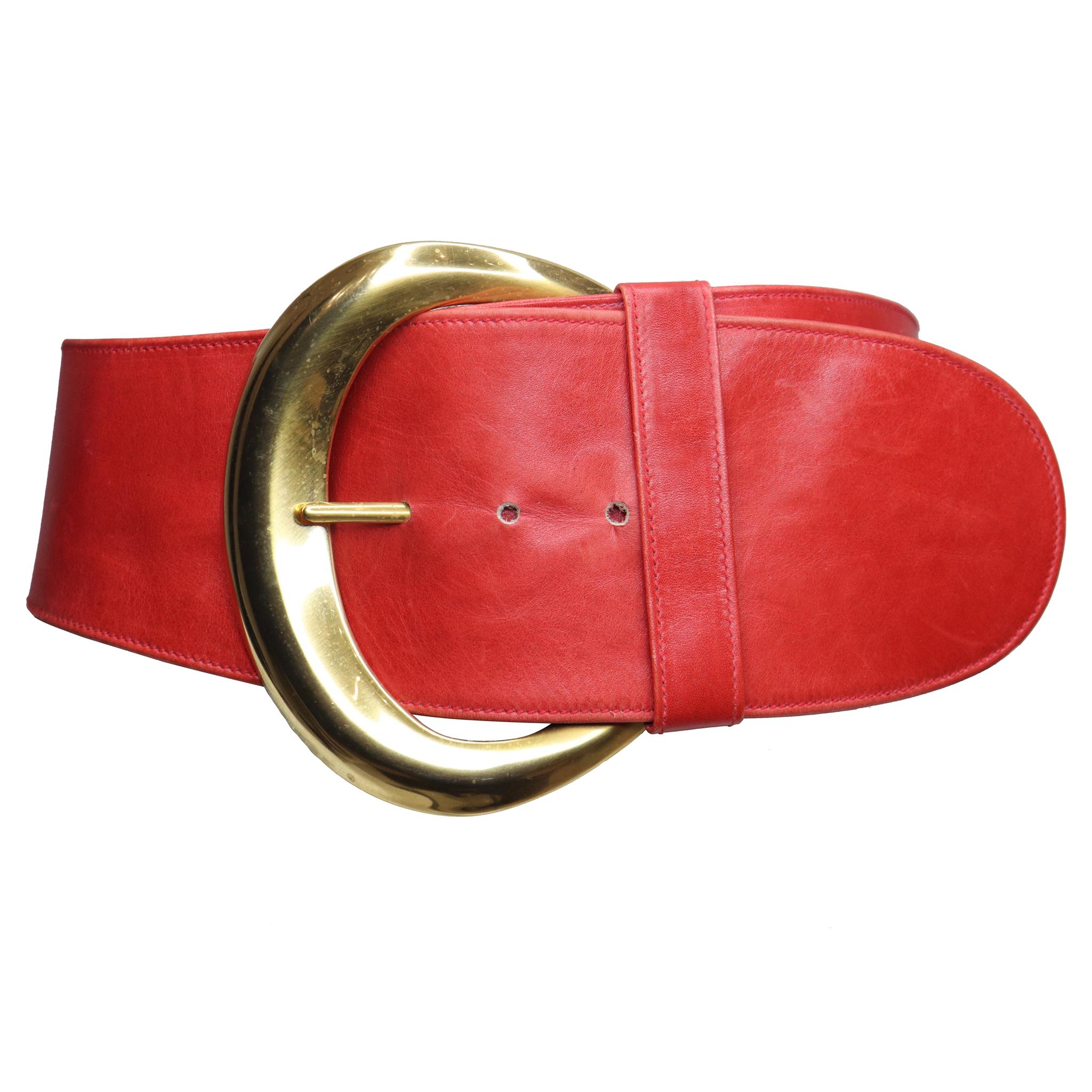 Donna Karan Red Leather w/ Goldtone Buckle Circa 1990s  For Sale