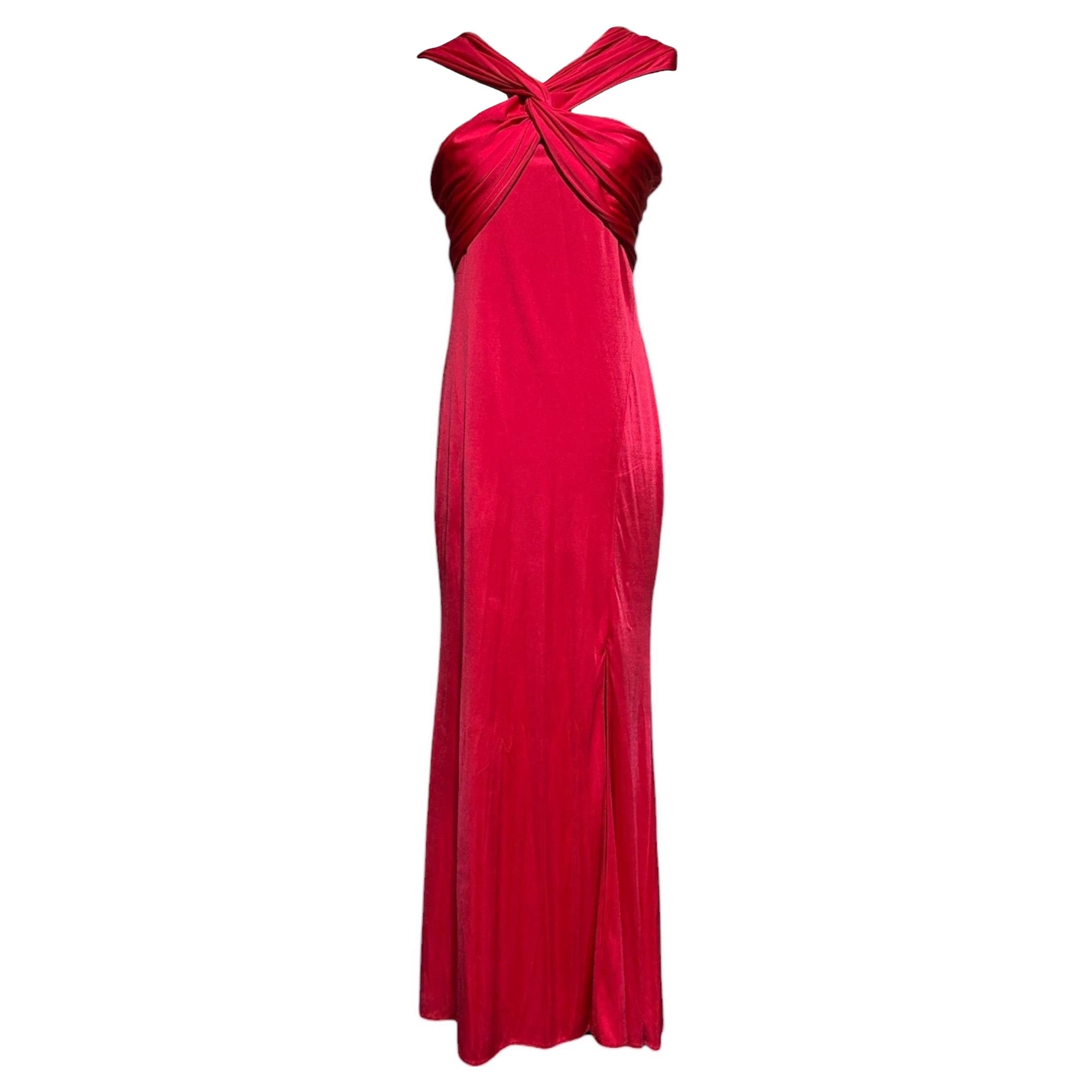 Donna Karan Red Liquid Jersey Twist-Front Draped Evening Gown, Circa 2000
