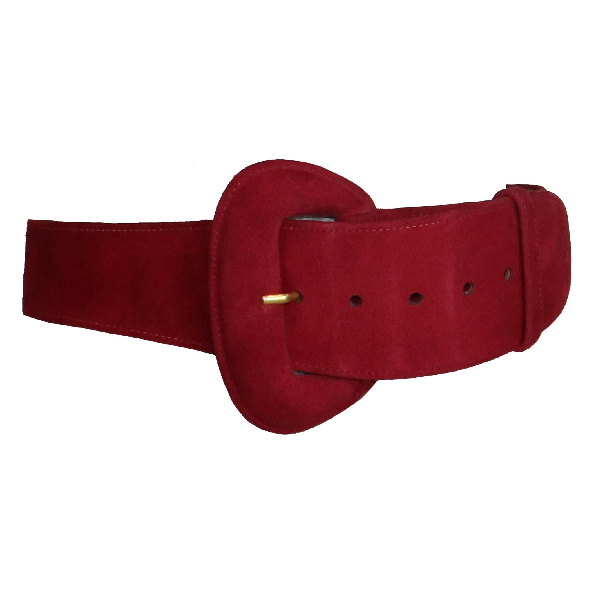 Donna Karan Red Suede Leather Belt w/ Oval Buckle Circa 1990s For Sale