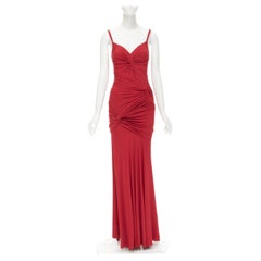 DONNA KARAN red viscose twist knot gathered drape evening gown dress S