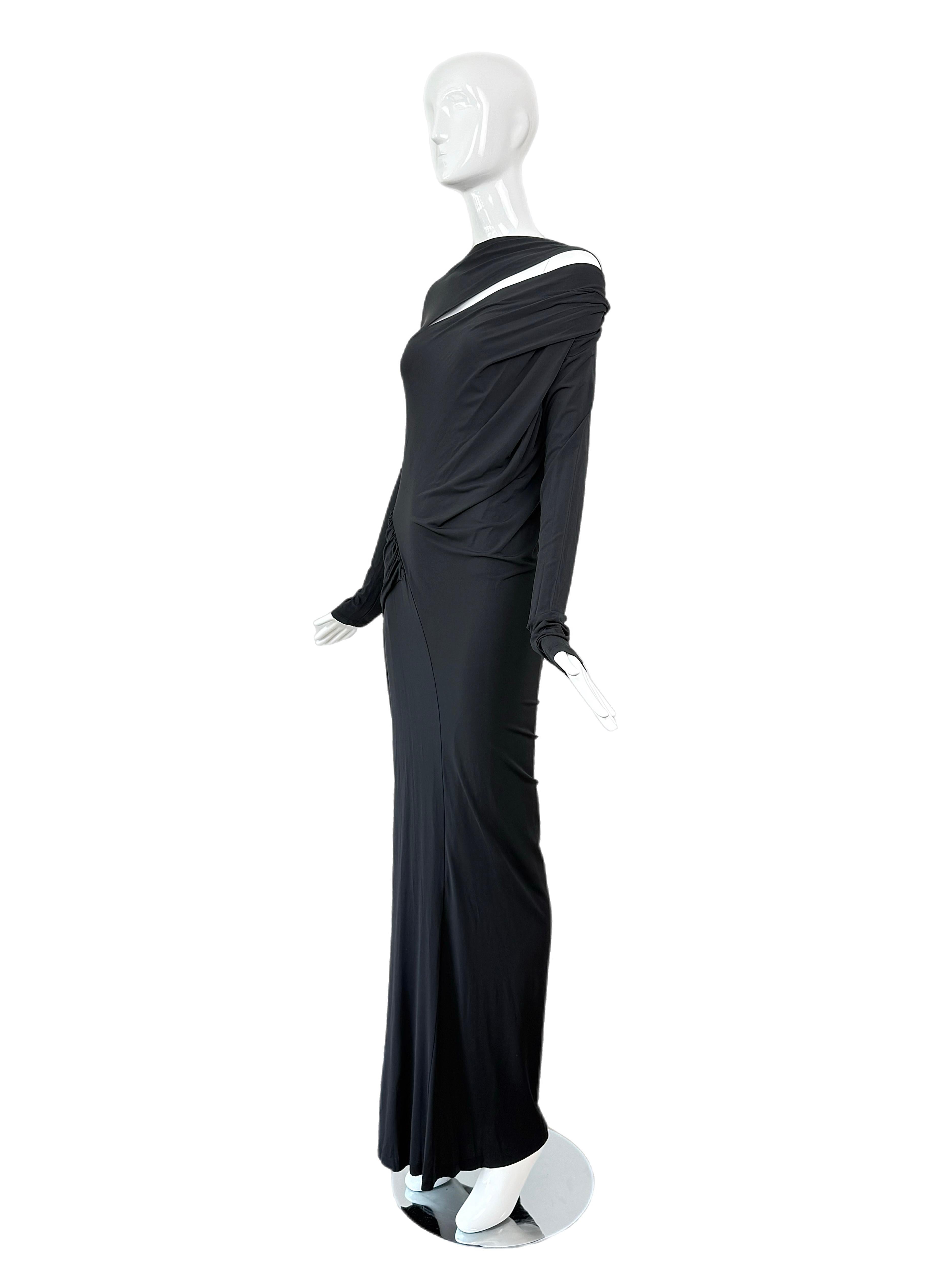 DONNA KARAN Ruched Black Long Sleeve Slinky Cut-Out Evening Gown Maxi Dress In New Condition For Sale In Leonardo, NJ