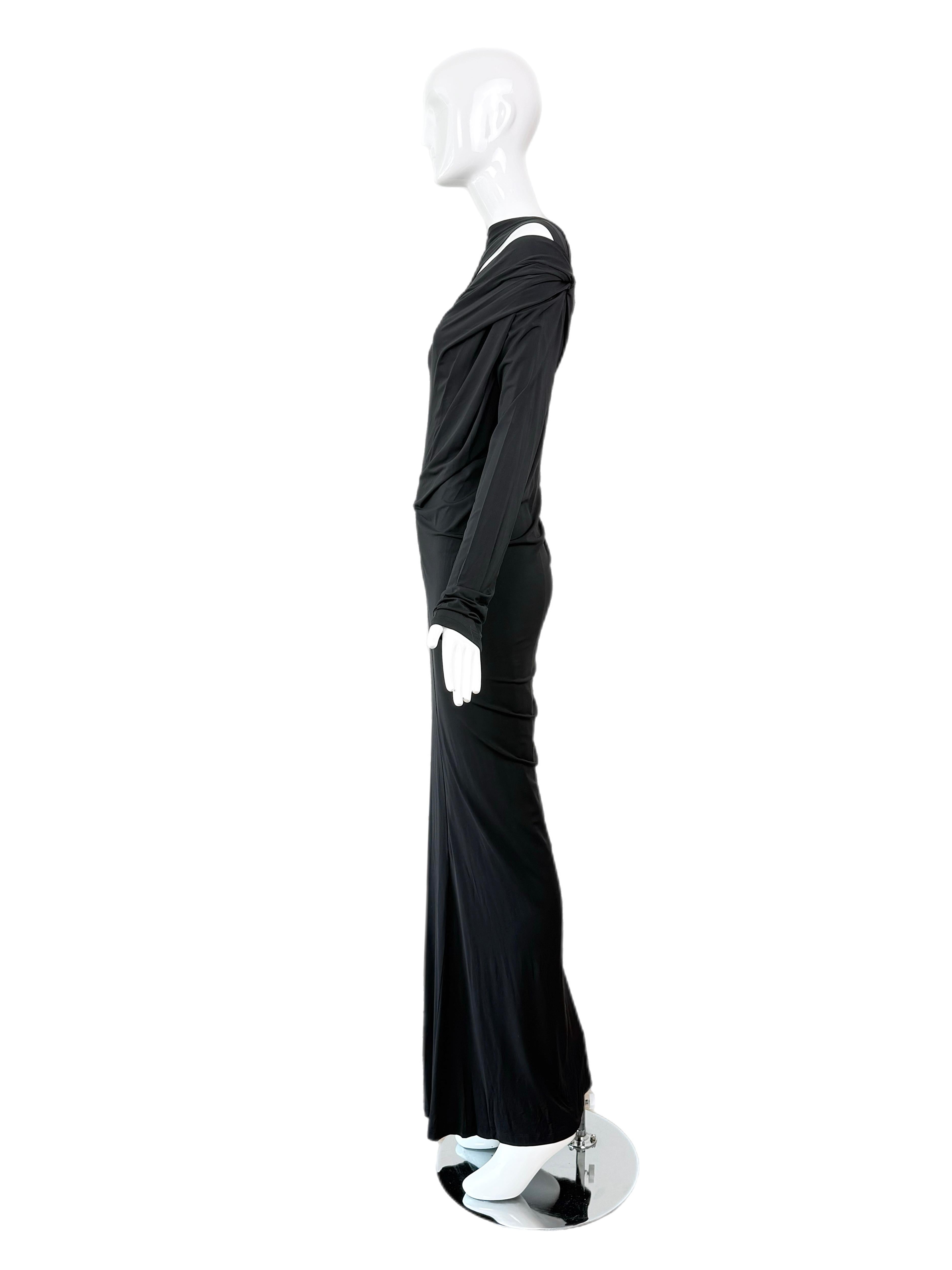Women's DONNA KARAN Ruched Black Long Sleeve Slinky Cut-Out Evening Gown Maxi Dress For Sale