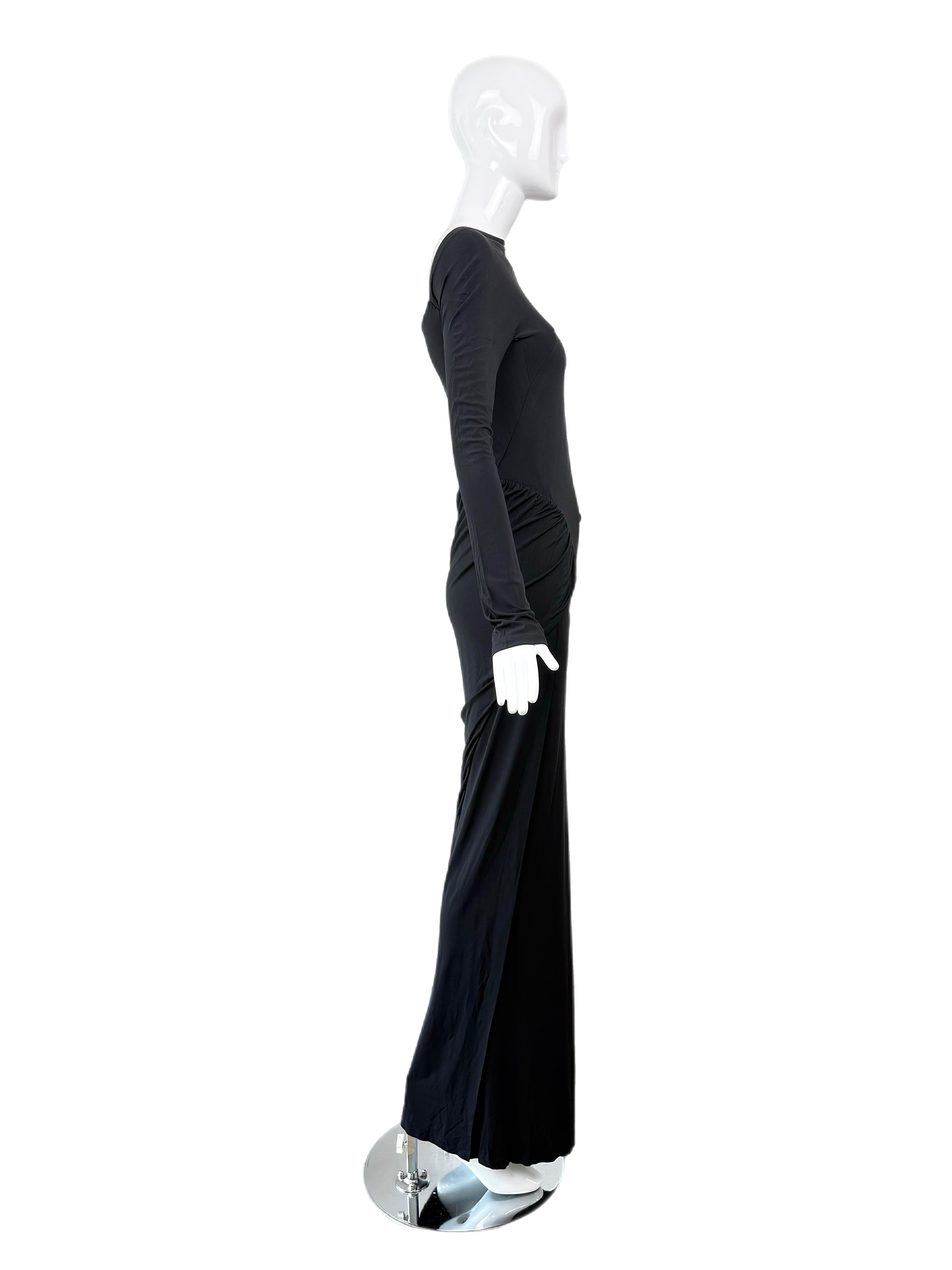 DONNA KARAN Ruched Black Long Sleeve Slinky Cut-Out Evening Gown Maxi Dress For Sale 1