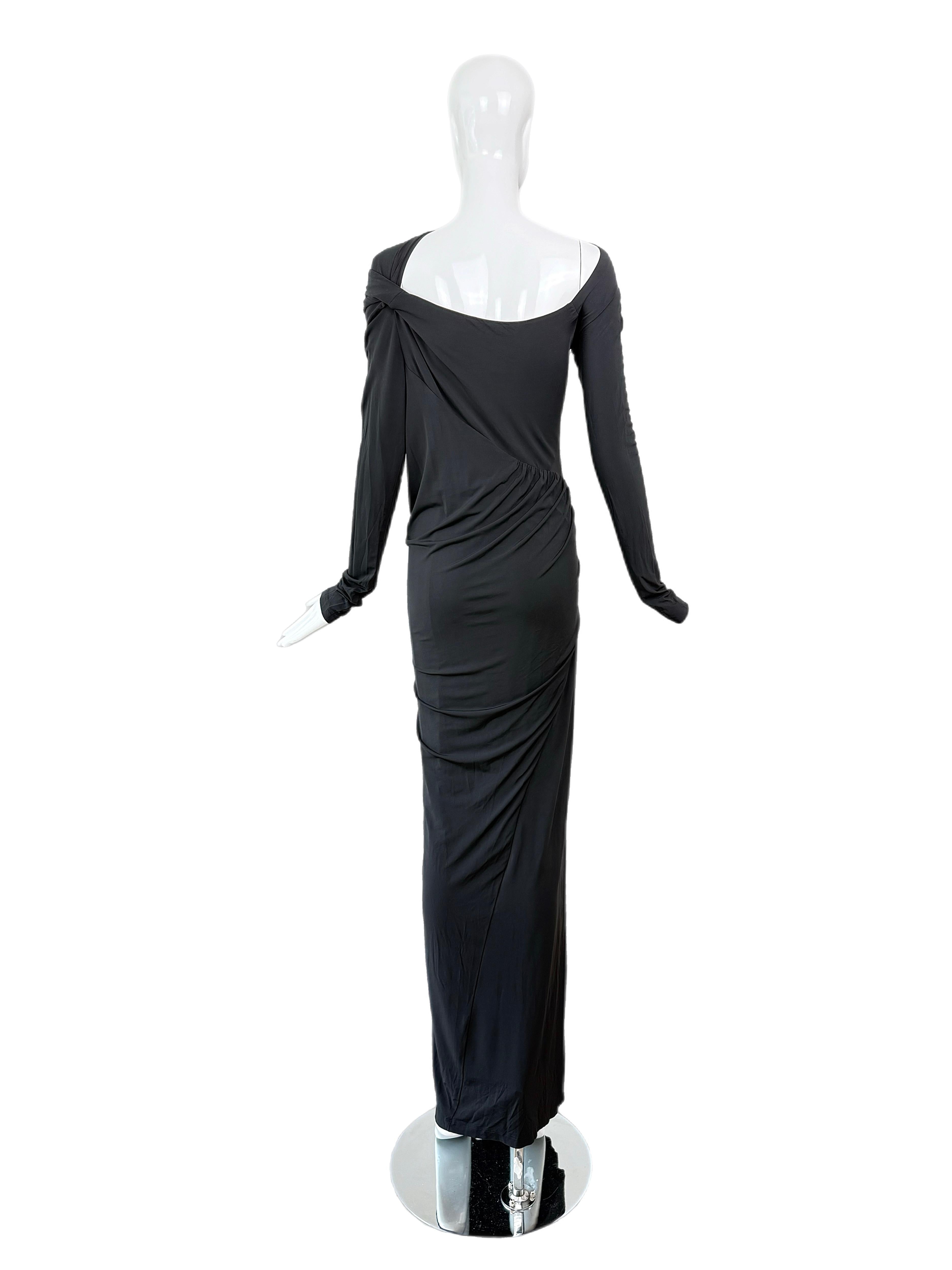 DONNA KARAN Ruched Black Long Sleeve Slinky Cut-Out Evening Gown Maxi Dress For Sale 2