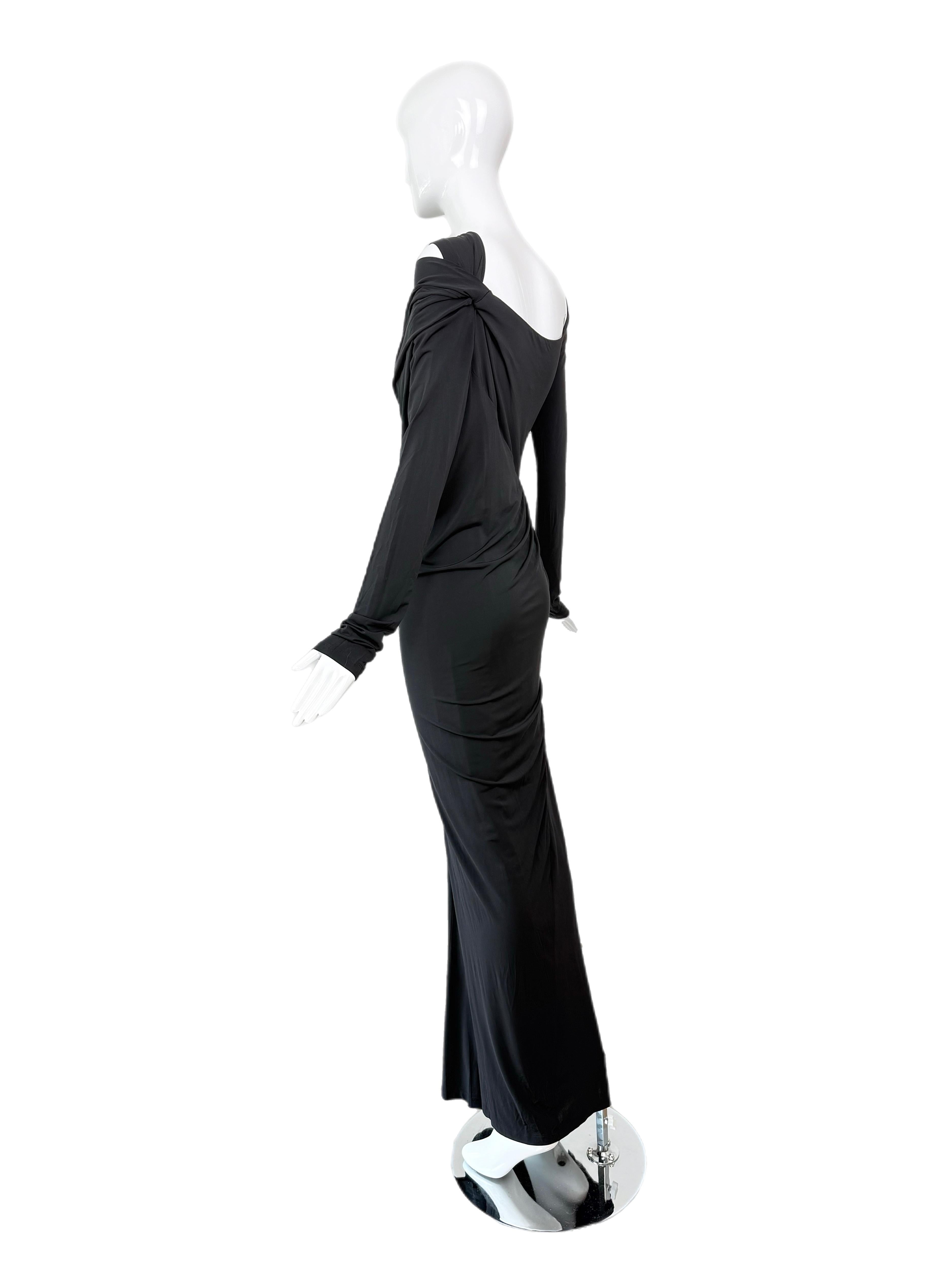 DONNA KARAN Ruched Black Long Sleeve Slinky Cut-Out Evening Gown Maxi Dress For Sale 3