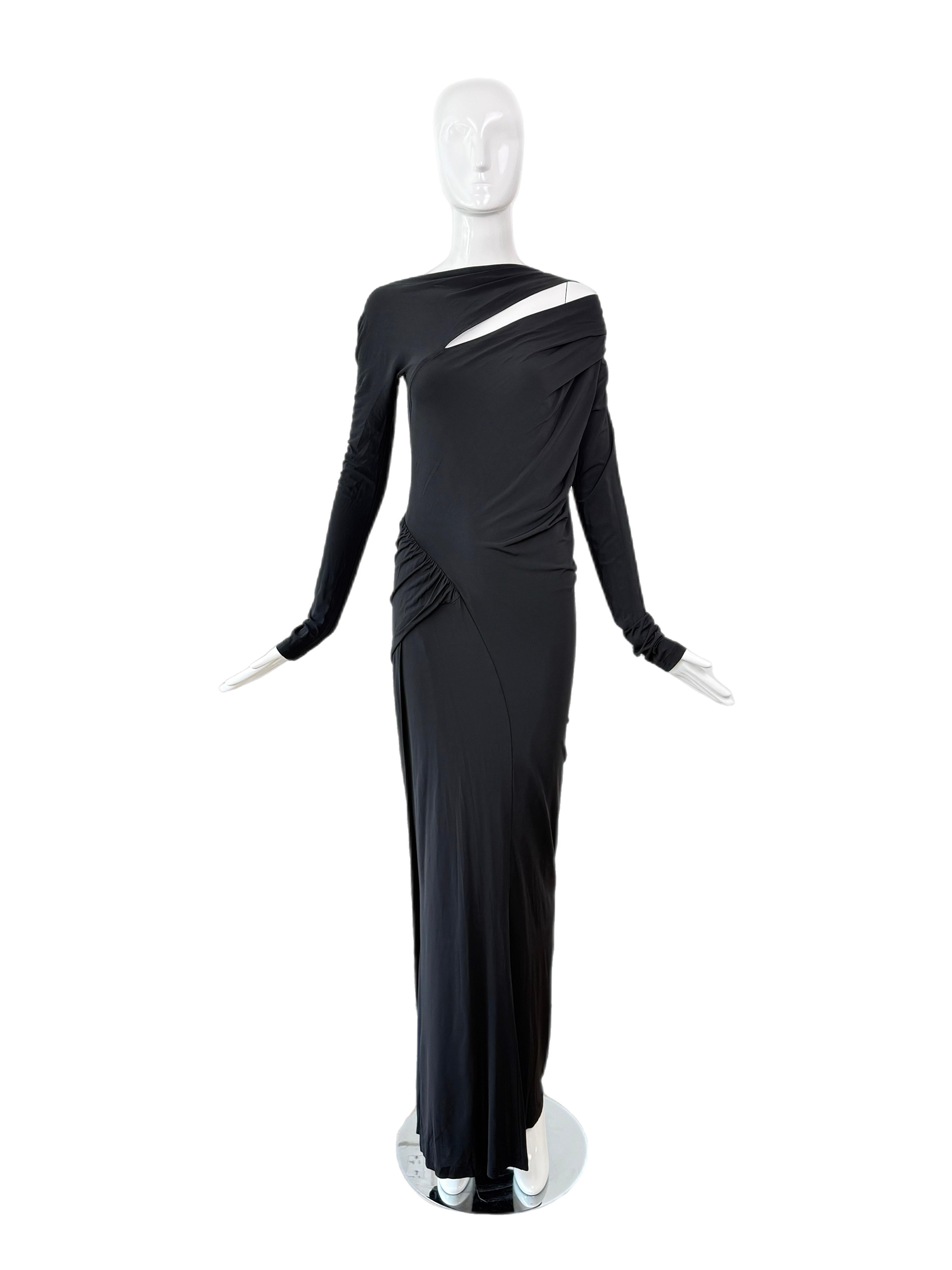 DONNA KARAN Ruched Black Long Sleeve Slinky Cut-Out Evening Gown Maxi Dress For Sale 4