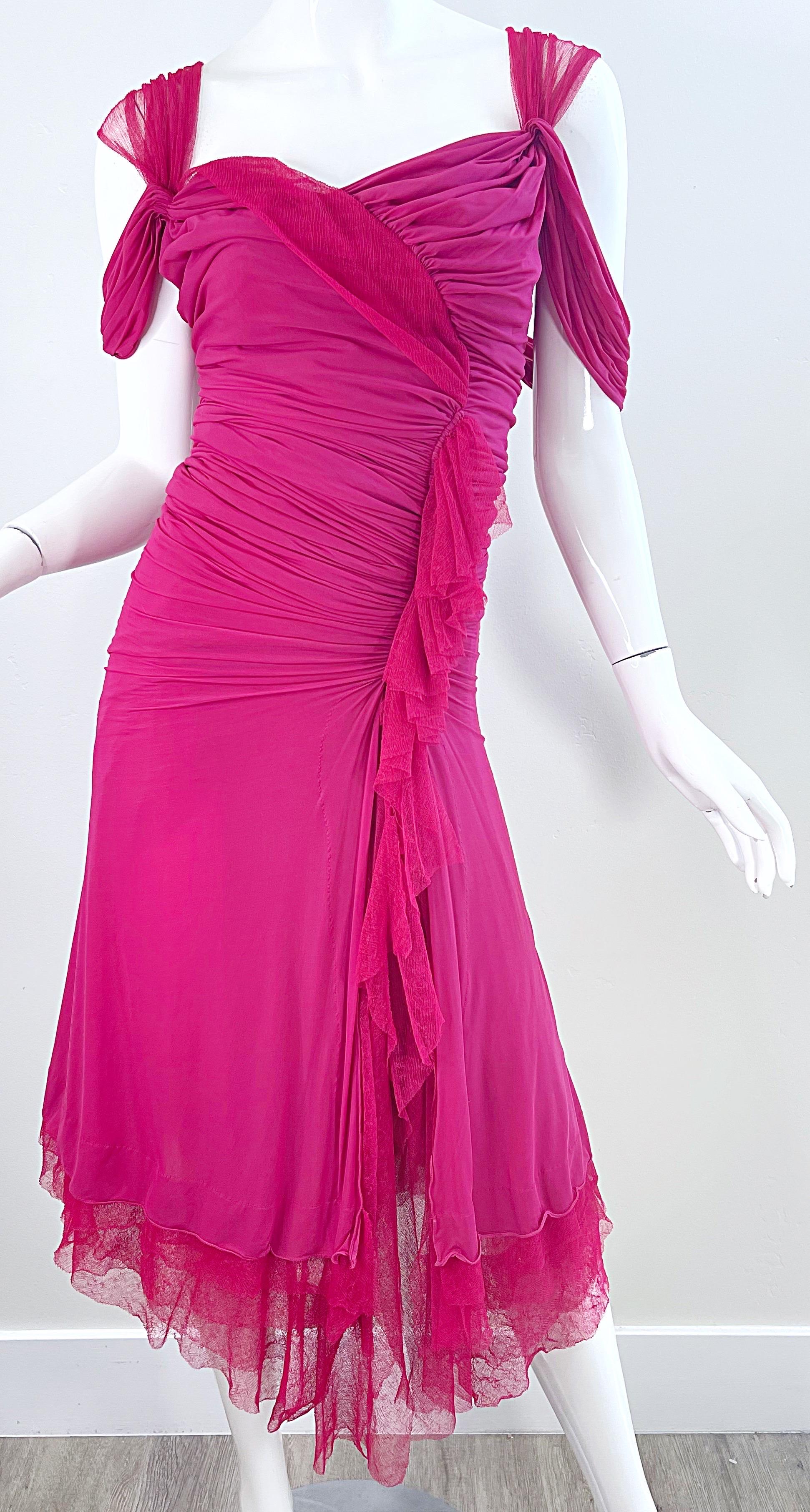 Donna Karan Runway Fall 2004 Hot Pink Off Shoulder Vintage Jersey Tulle Dress For Sale 6