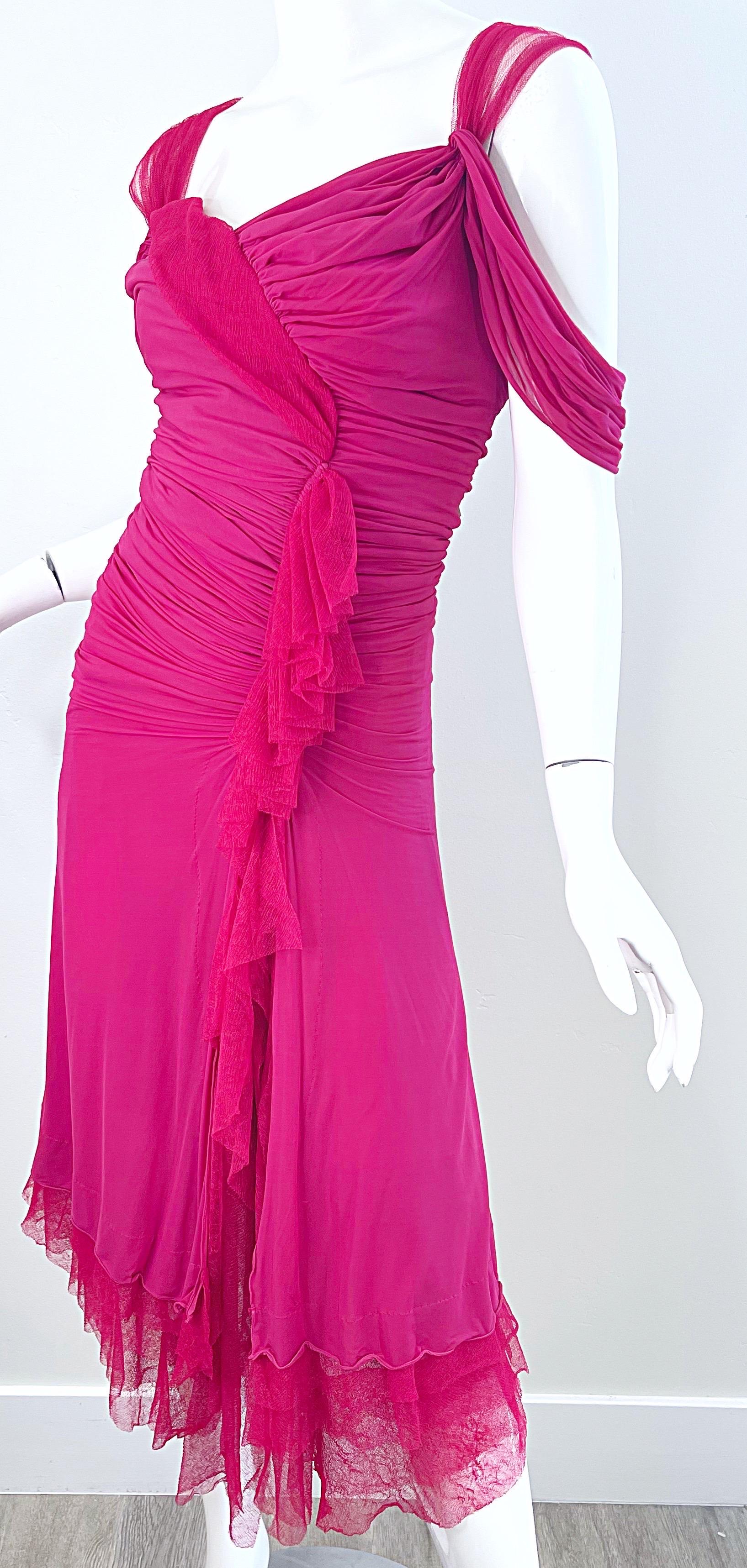 Donna Karan Runway Fall 2004 Hot Pink Off Shoulder Vintage Jersey Tulle Dress For Sale 7