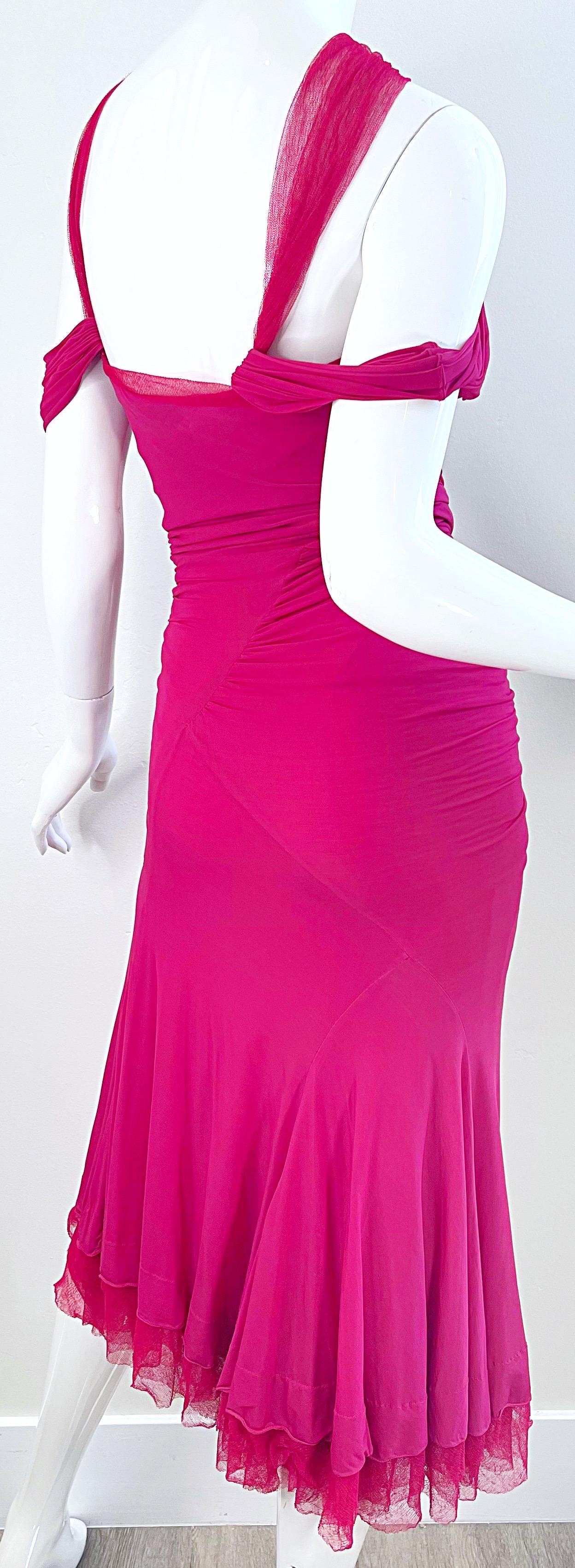 Donna Karan Runway Fall 2004 Hot Pink Off Shoulder Vintage Jersey Tulle Dress For Sale 8