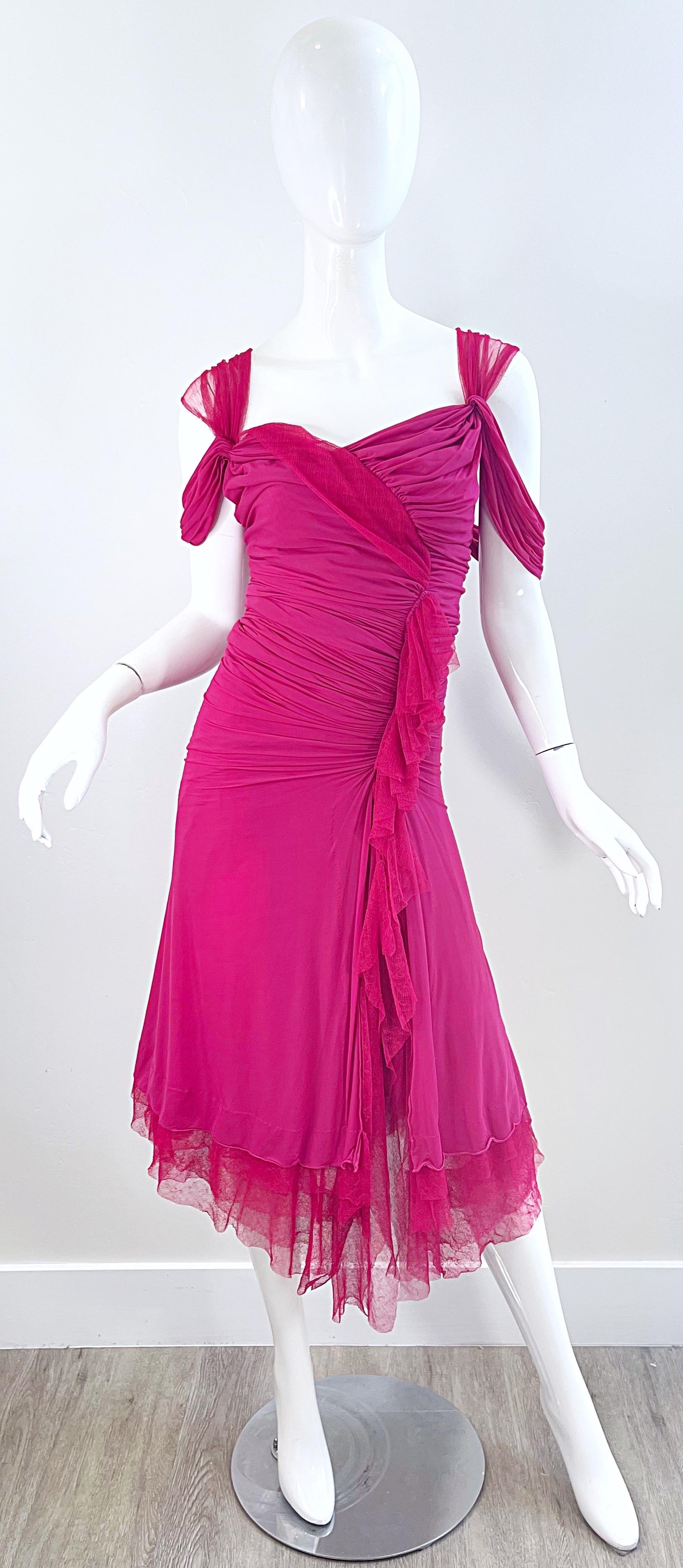 Donna Karan Runway Fall 2004 Hot Pink Off Shoulder Vintage Jersey Tulle Dress For Sale 9