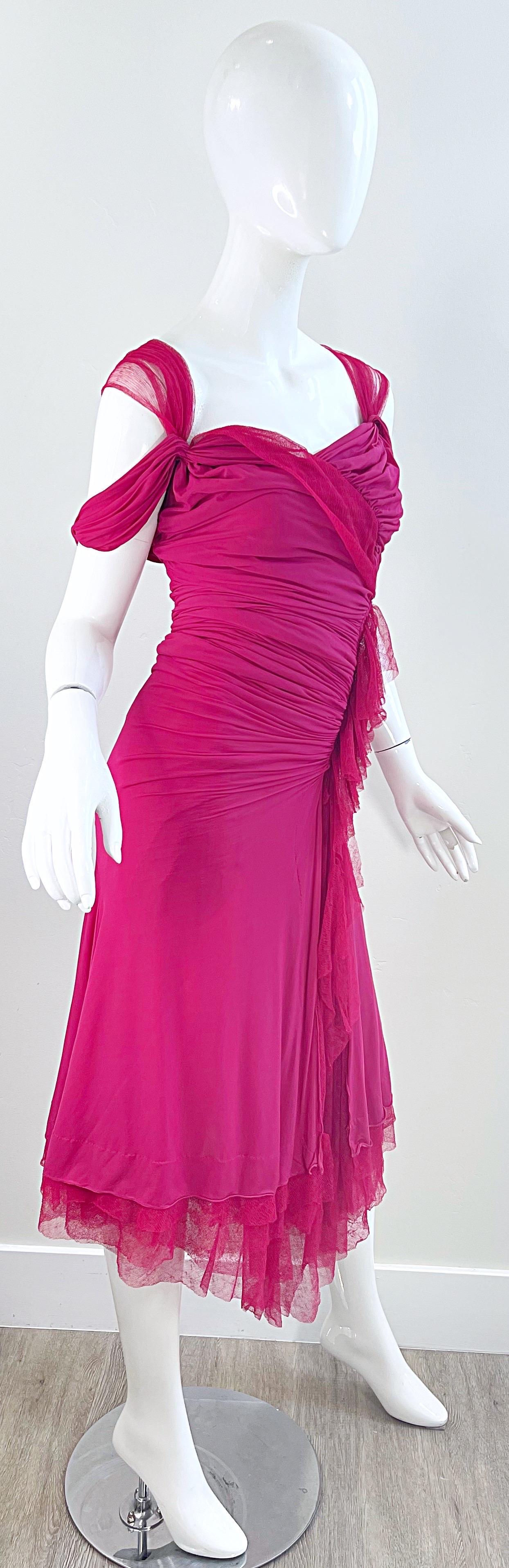 Donna Karan Runway Fall 2004 Hot Pink Off Shoulder Vintage Jersey Tulle Dress For Sale 10