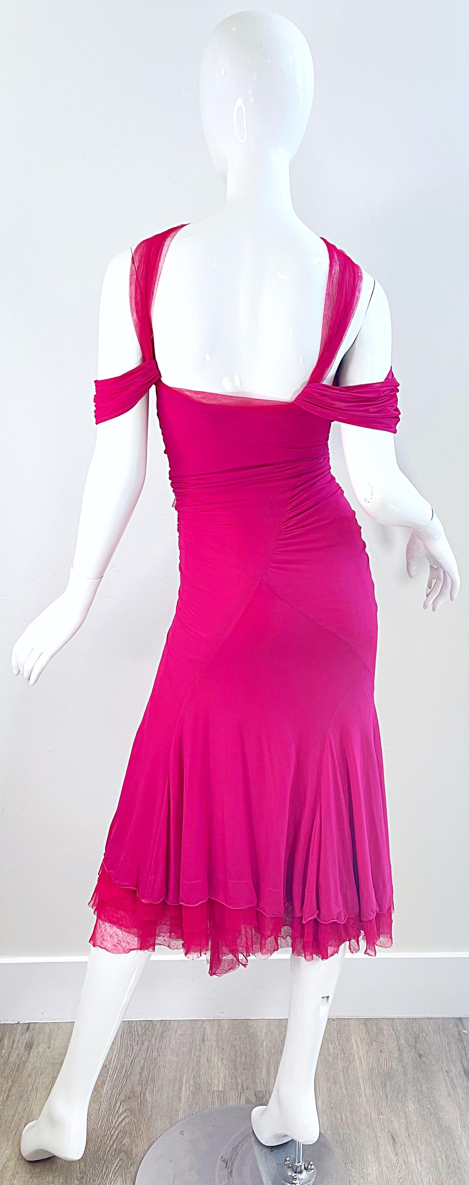 Donna Karan Runway Fall 2004 Hot Pink Off Shoulder Vintage Jersey Tulle Dress For Sale 11