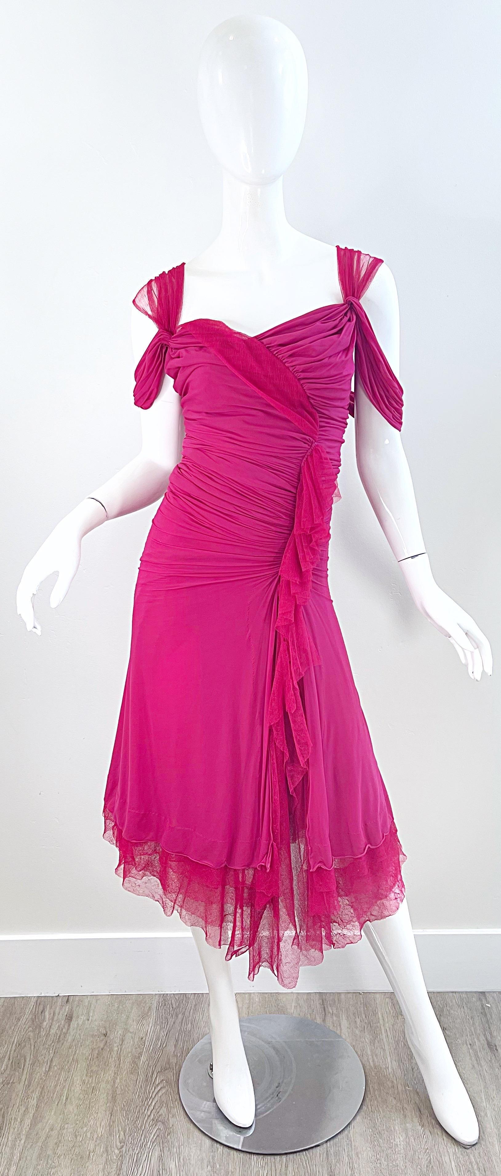 Donna Karan Runway Fall 2004 Hot Pink Off Shoulder Vintage Jersey Tulle Dress For Sale 12