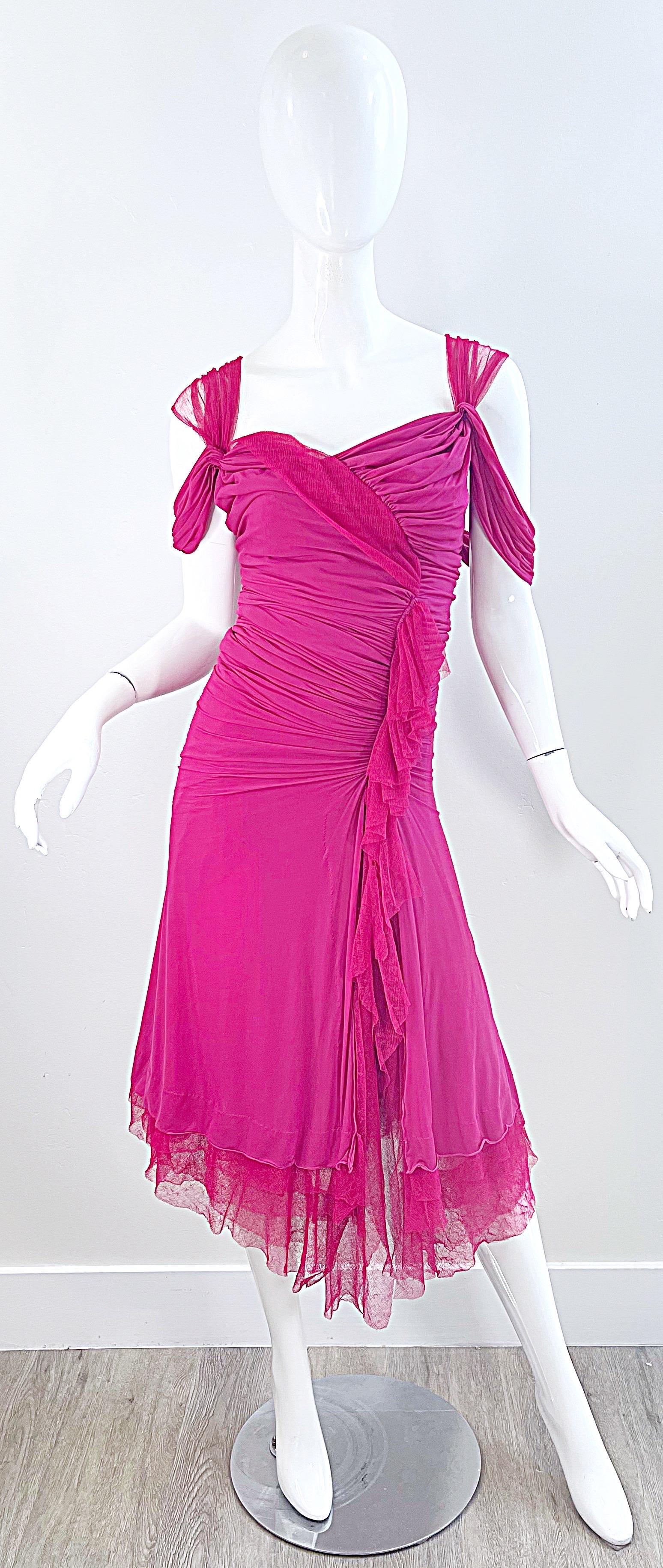 Women's Donna Karan Runway Fall 2004 Hot Pink Off Shoulder Vintage Jersey Tulle Dress For Sale