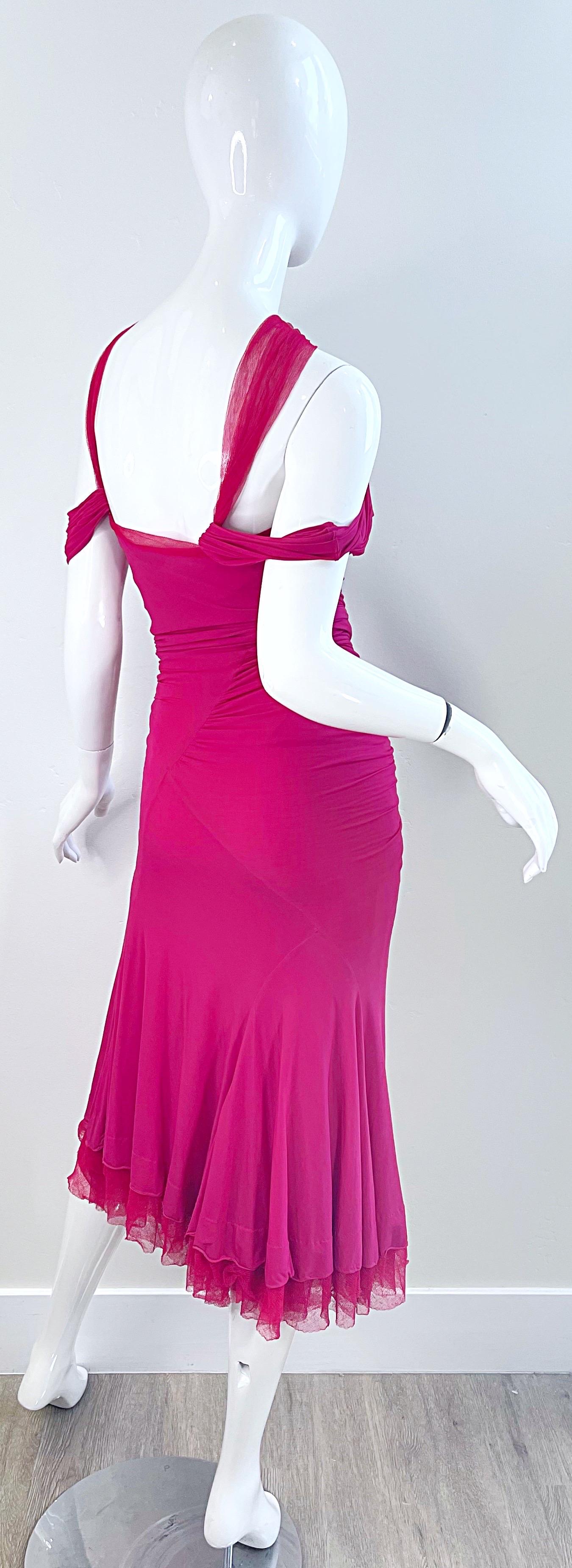 Donna Karan Runway Fall 2004 Hot Pink Off Shoulder Vintage Jersey Tulle Dress For Sale 1