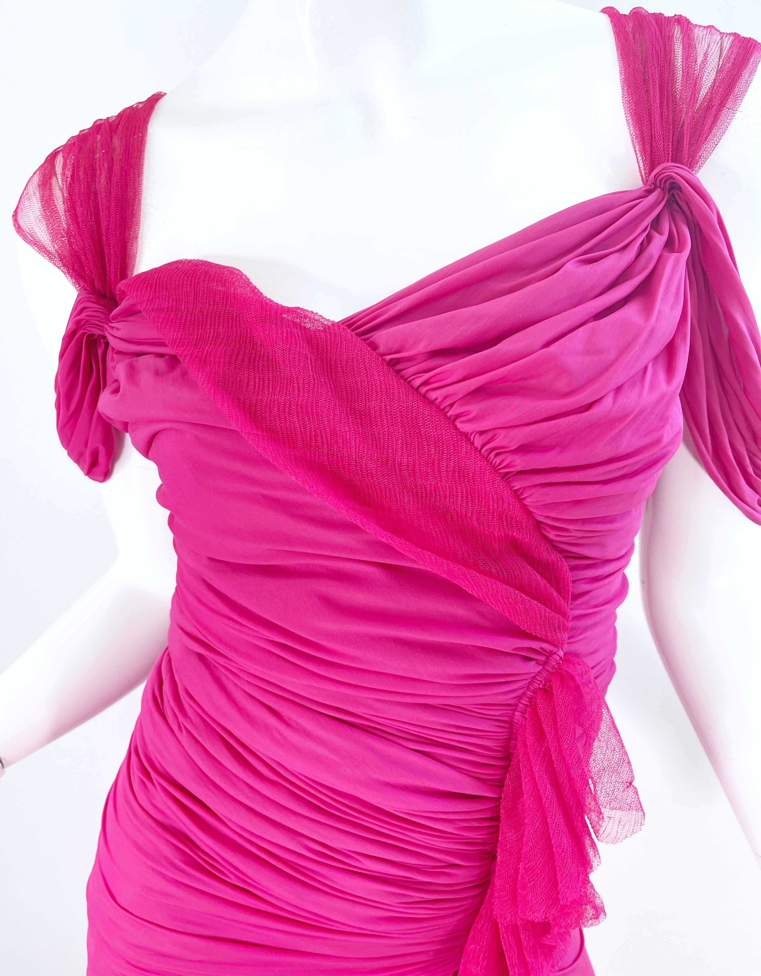 Donna Karan Runway Fall 2004 Hot Pink Off Shoulder Vintage Jersey Tulle Dress For Sale 2