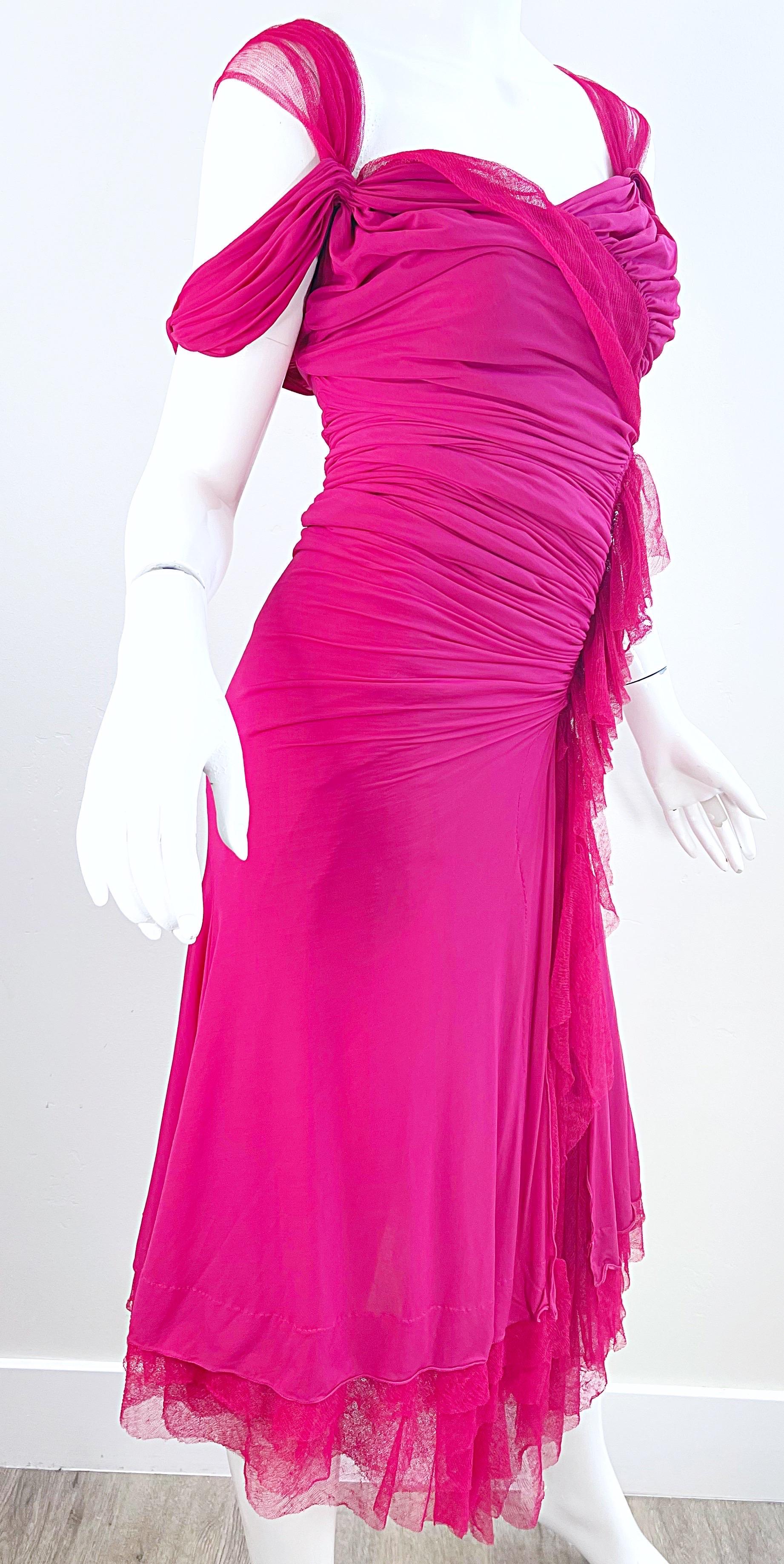 Donna Karan Runway Fall 2004 Hot Pink Off Shoulder Vintage Jersey Tulle Dress For Sale 3