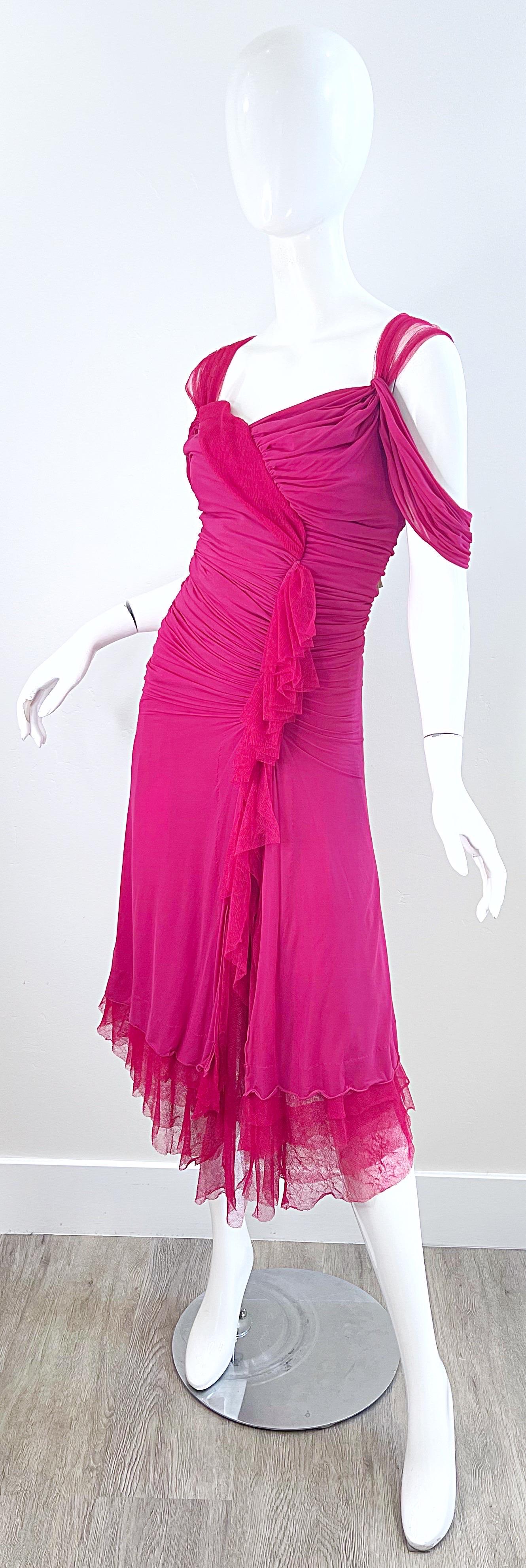 Donna Karan Runway Fall 2004 Hot Pink Off Shoulder Vintage Jersey Tulle Dress For Sale 4