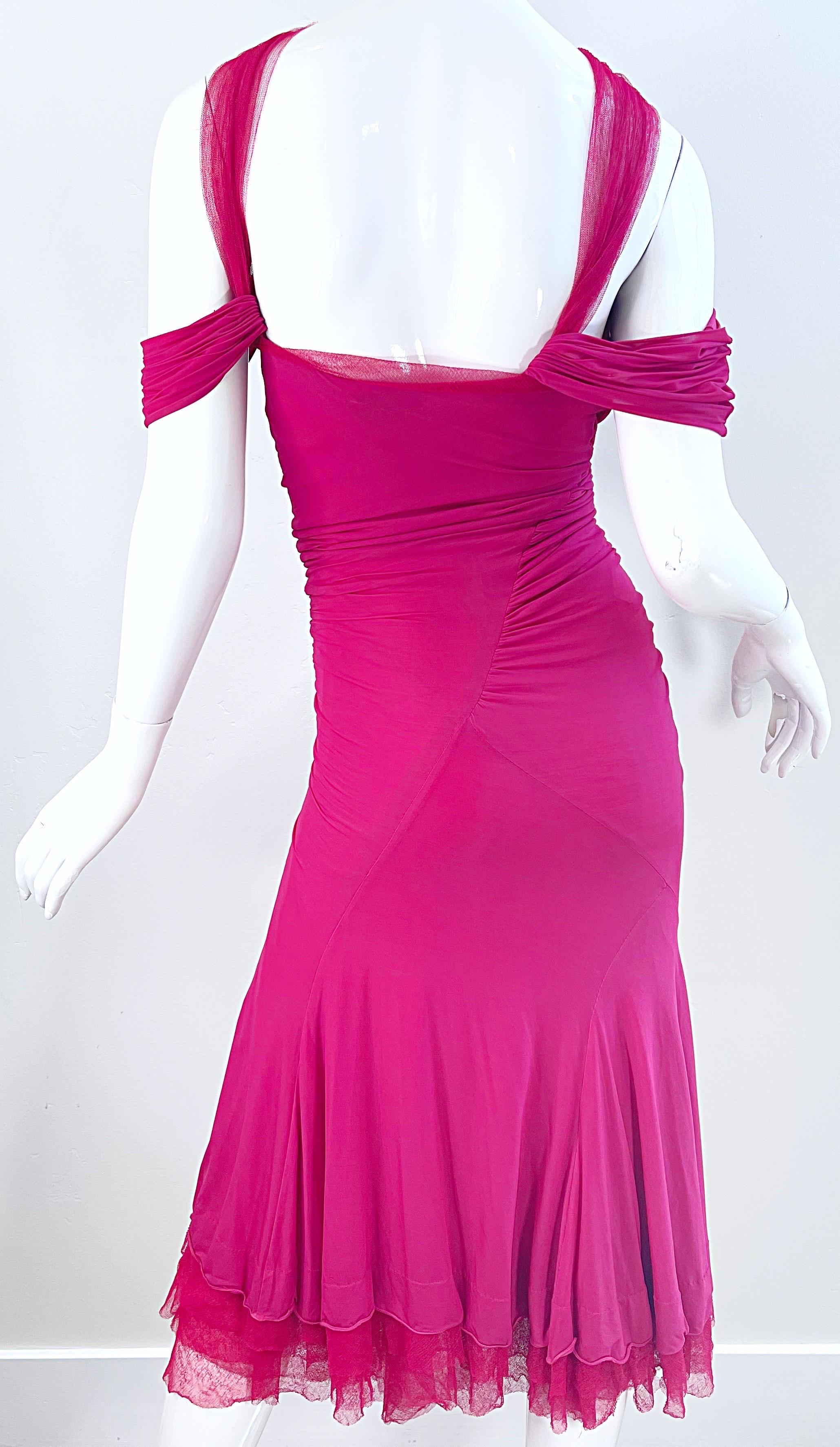 Donna Karan Runway Fall 2004 Hot Pink Off Shoulder Vintage Jersey Tulle Dress For Sale 5
